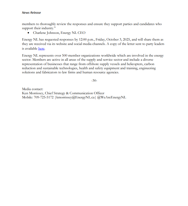 As part of its ongoing advocacy efforts, Energy NL has written the leaders of the three provincial political parties requesting responses to key questions that reflect the opportunities &amp; challenges facing the energy industry in Newfoundland &amp; Labrador.

See below. #WeAreEnergyNL