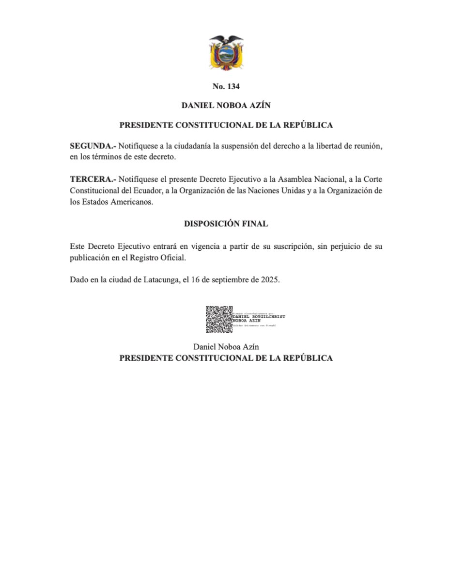 Mediante Decreto Ejecutivo, el presidente Daniel Noboa declaró un nuevo estado de excepción, "por la causal de grave conmoción interna". bit.ly/3KbRRs1

El Gobierno fundamenta esta decisión debido a la "situación fáctica (...) que evidencia las paralizaciones que han