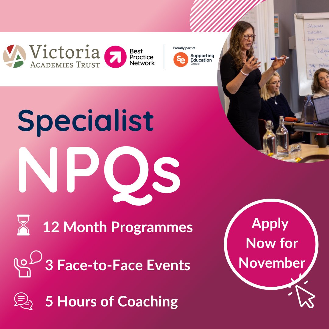 Looking to complete a specialist NPQ? Best Practice Network are now accepting applications for November 2025; the only intake for 2025/26 cohorts. Visit tinyurl.com/3h52dts8 to apply choosing Victoria Academies Trust as delivery partner <a href="/bestpracticenet/">BestPracticeNetwork</a>  <a href="/VicAcademies/">Victoria Academies Trust</a>