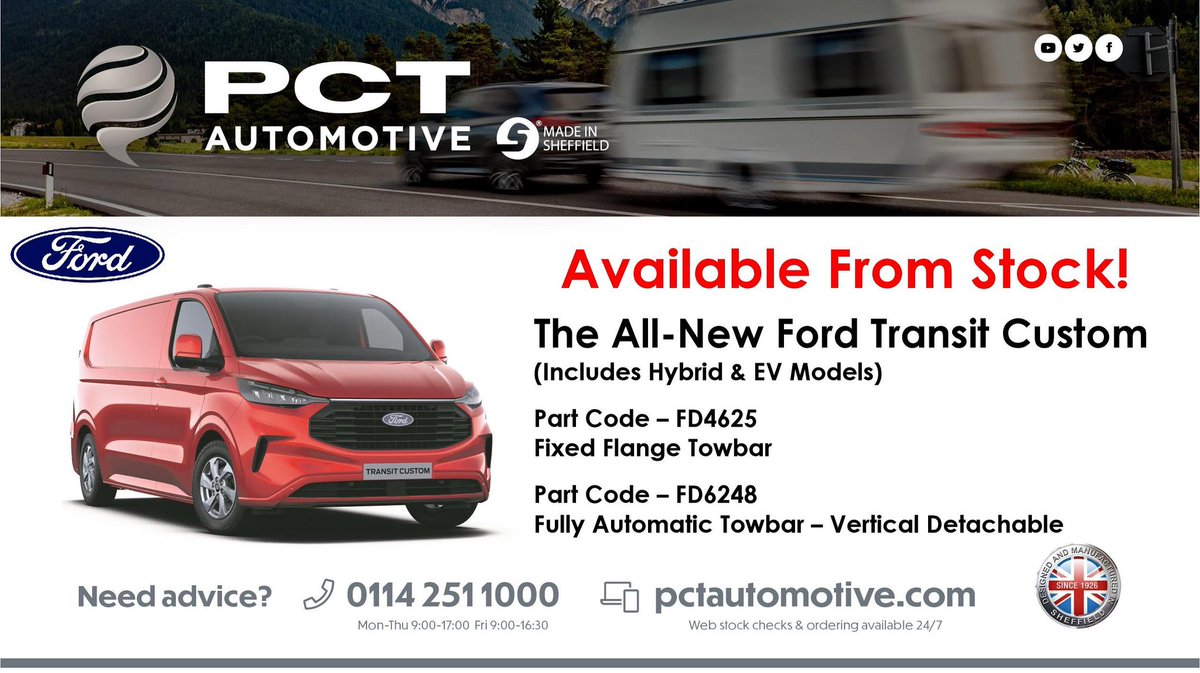 New Product 🚨 

FD6248 Is Now Available At PCT Automotive!

Suitable For The All-New Ford Transit Custom, Includes Hybrid &amp; EV Models 

Available To Order via The Web Portal 💻 

Fixed Flange Option &amp; Dedicated Electrics Also In Stock

#PCTAutomotive #Towbars #MadeinSheffield
