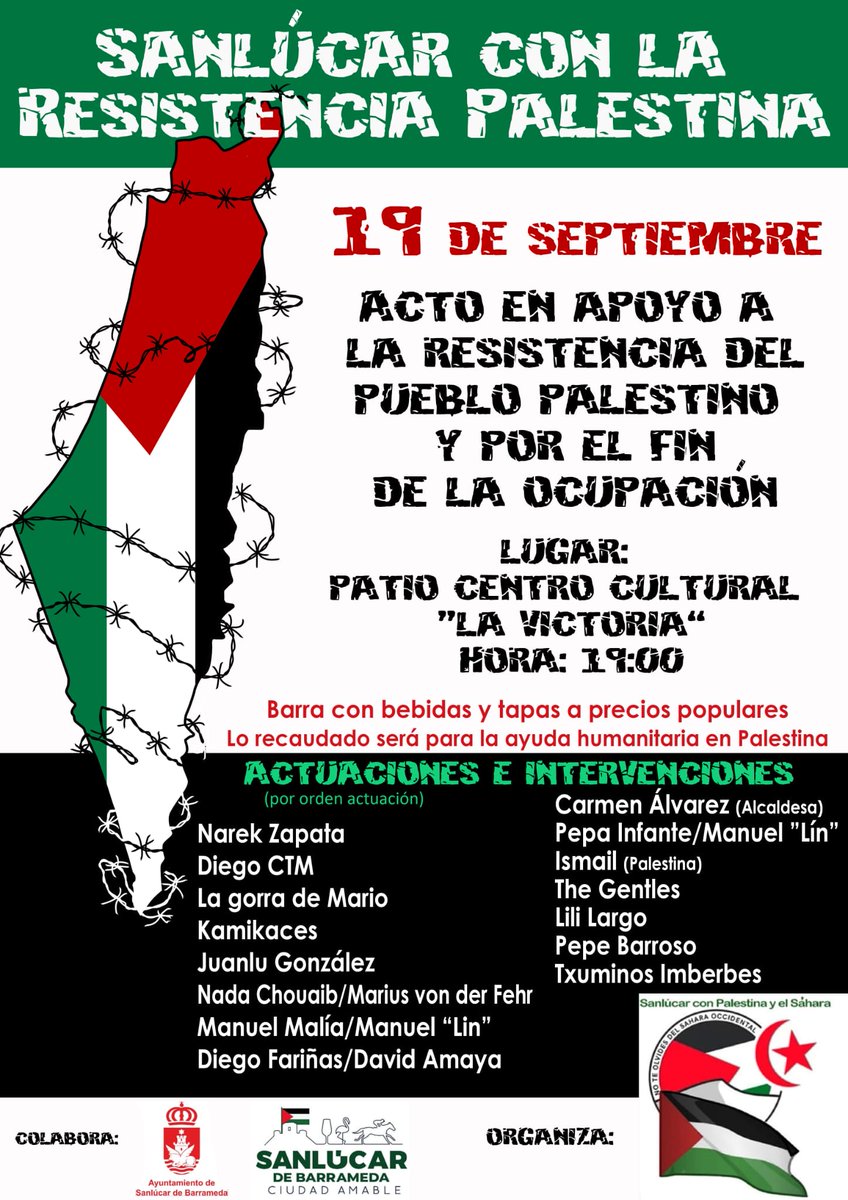 Este viernes a las 7 de la tarde tienes una cita obligada con el derecho de los pueblos, con el apoyo a las resistencias Palestinas, Saharauis, y de todos los pueblos oprimidos.
Nos vemos allí!
<a href="/SATSanlucar/">SAT Sanlucar</a>