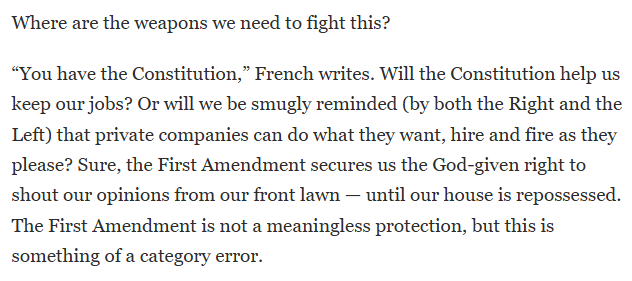 This reminds me of something I wrote about the first amendment and cancel culture when I was having a tiff with David French