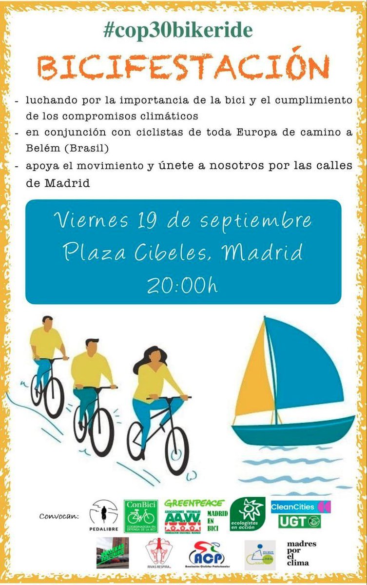Federación Vecinal de Madrid (@fravm) on Twitter photo 🚲Esta semana la bici se mueve por el clima
1⃣El jueves 18 se presentan propuestas de cara a la #COP30 📍Sede de <a href="/greenpeace_esp/">Greenpeace España</a> C/ Valores, 1 | 20h
2⃣ Y el viernes 19 #Bicifestación19S junto al grupo ciclista que recorre el mundo 📍Cibeles | 20h
#Cop30BikeRide #RedCiclistaYa 🚲Esta semana la bici se mueve por el clima
1⃣El jueves 18 se presentan propuestas de cara a la #COP30 📍Sede de <a href="/greenpeace_esp/">Greenpeace España</a> C/ Valores, 1 | 20h
2⃣ Y el viernes 19 #Bicifestación19S junto al grupo ciclista que recorre el mundo 📍Cibeles | 20h
#Cop30BikeRide #RedCiclistaYa