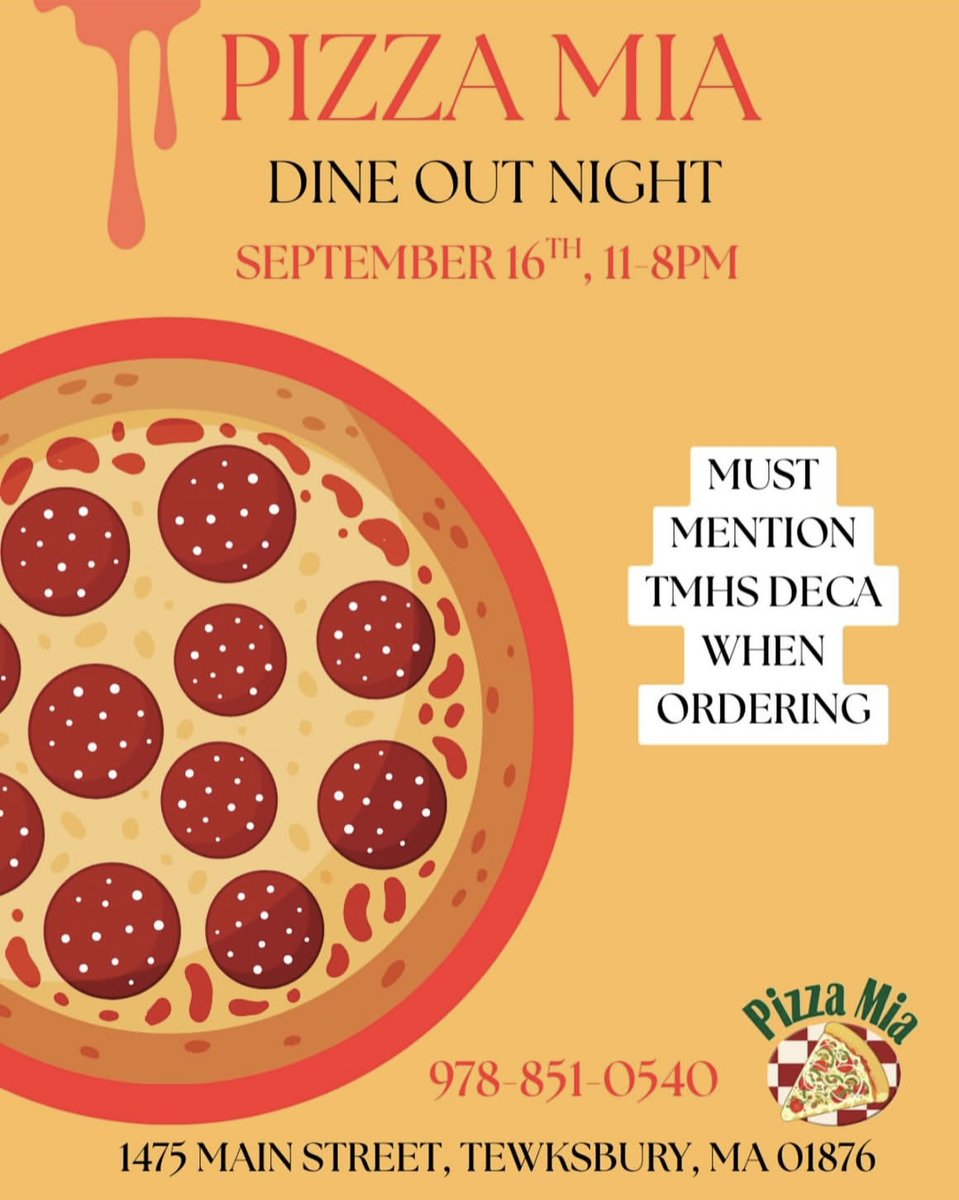 Please help support TMHS DECA tonight, Tuesday, Sept. 16th, at our Dine Out Night at Pizza Mia! Don't forget to mention TMHS DECA when ordering!