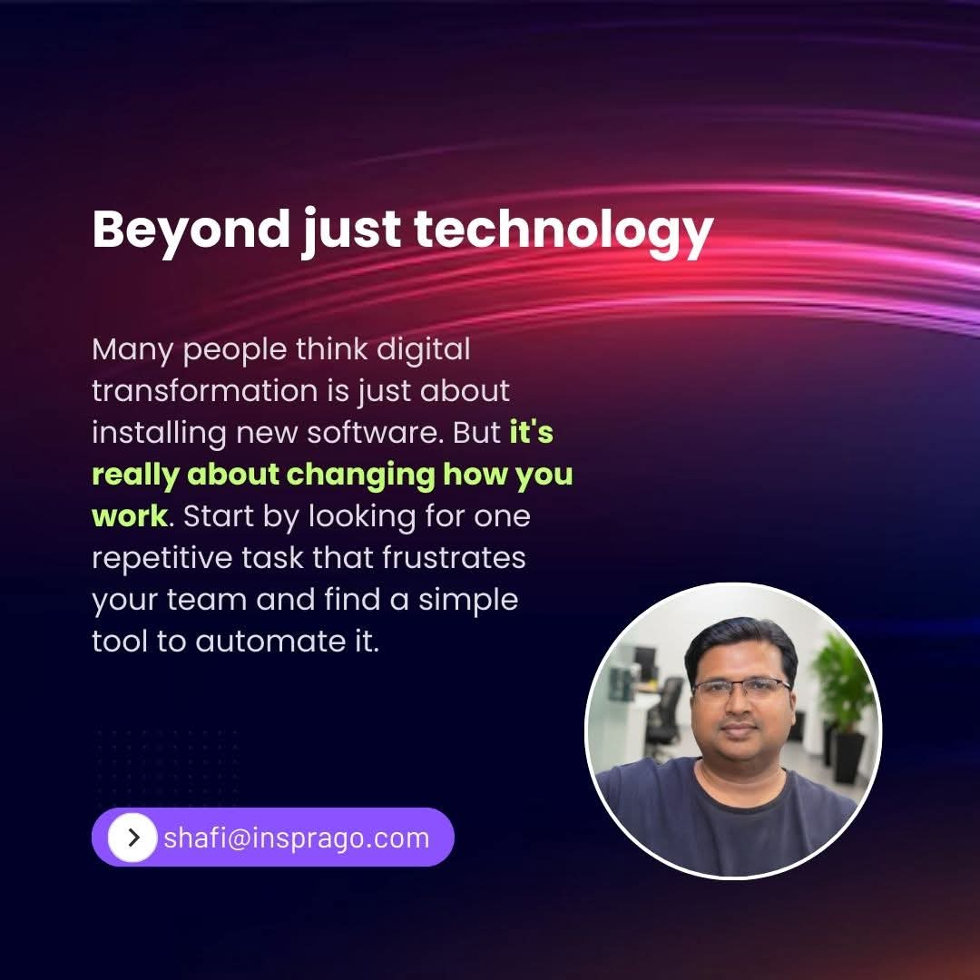 ucshafi's tweet image. Digital transformation is not about the tech you buy; it&apos;s about the changes you make. Instead of aiming for a drastic change, find one small process that is manual and frustrating. Automating that single task can kickstart your whole journey.
 #digitaltransformations #insprago