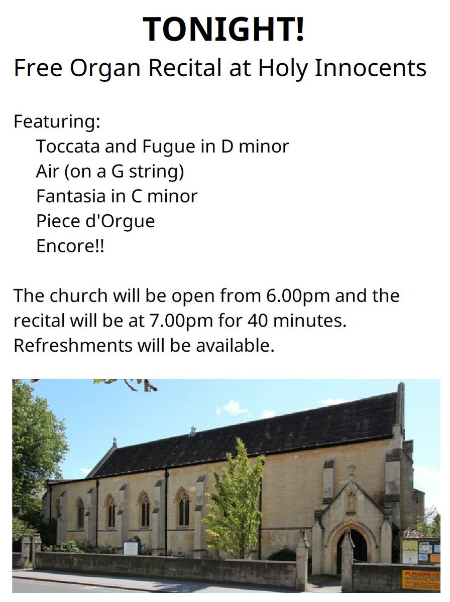 𝗧𝗢𝗡𝗜𝗚𝗛𝗧!

Organ recital at Holy Innocents Church - the Church will be open from 6pm, recital starts at 7pm and lasts for 40 minutes.  Refreshments available and everything is free.

#organrecital #livemusic #organ #organmusic #southnorwood #se25 #croydon