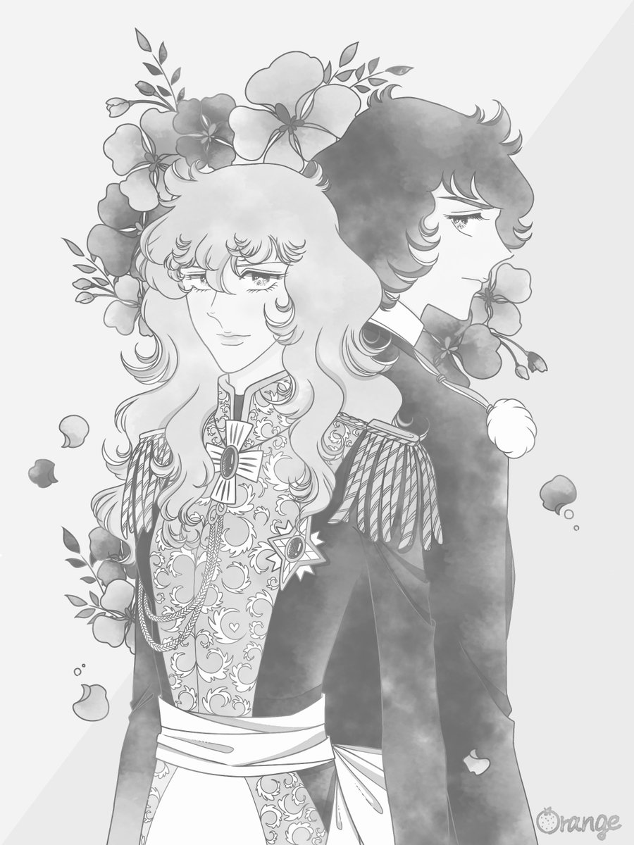 日本画 ベルばら　オスカル　 線画　B4 今夜のお絵描き 原作のベルばらの大好きな2人を描きました ベル