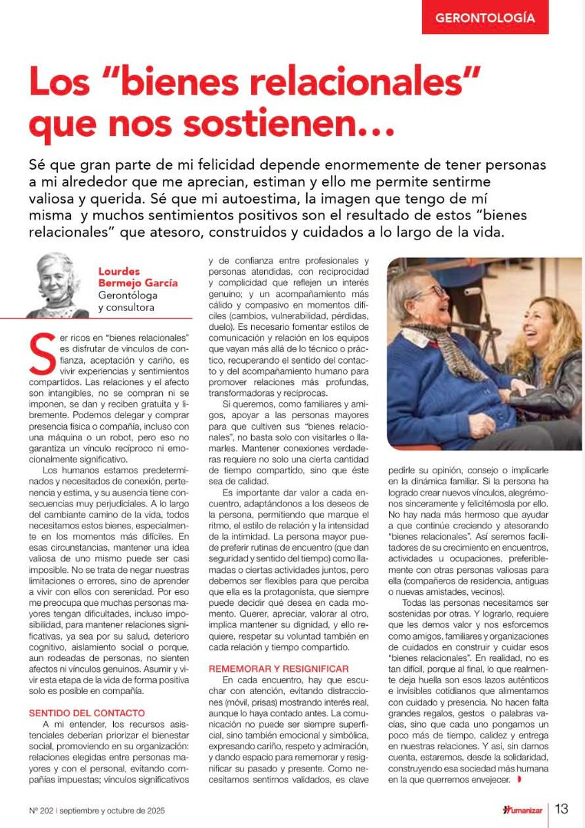 "Sé que gran parte de mi felicidad depende enormemente de tener personas a mi alrededor que me aprecian, estiman y ello me permite sentirme valiosa y querida. "
No lo puedes expresar mejor <a href="/Bermejoimas/">Lourdes Bermejo i+</a> .
Los " bienes relacionales" es un pilar básico de nuestro #cohousingsenior