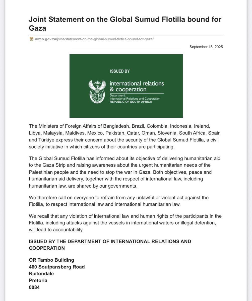 Türkiyenin öncülüğünde <a href="/TC_Disisleri/">T.C. Dışişleri Bakanlığı</a> 16 ülke Sumud Filosunun:

-uluslararası hukuka uygunluğu

-gemilere veya yolculara müdahale edilmesi halinde hesap sorulacağı 

hususlarına dair endişe&amp;ihtar beyanı yayımladı. 

Çok-devletli ve koordineli yapılan bu hamle oldukça önemli.