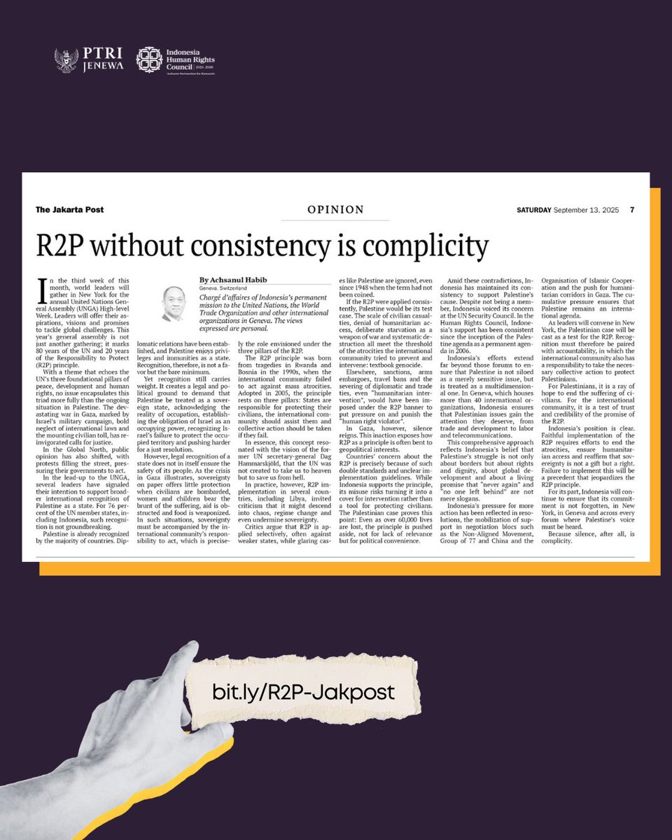 🌐 80 Years of the UN &amp; 20 Years of the Responsibility to Protect (R2P)
The situation in Palestine serves as a critical test case for the implementation of this principle.

📰 Read the full article here: bit.ly/R2P-Jakpost