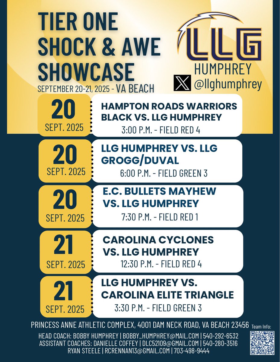 Schedule drop ⬇️ for the <a href="/TierOneFP/">Tier One Fastpitch</a> Shock and Awe Showcase this weekend!  Come check us out!!
@llghumphrey <a href="/Org_LLG/">Lady Lightning Gold Org Account</a>⚡️⚡️