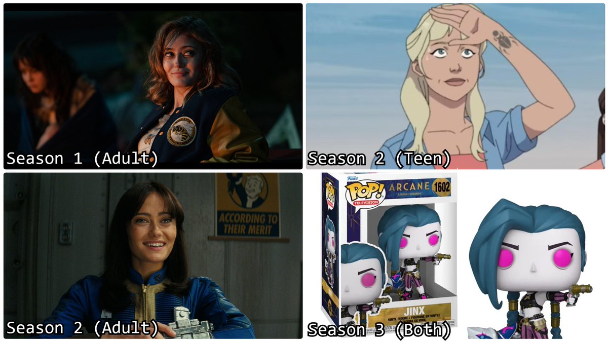 YJmisinfo's tweet photo. Throughout the series, Shauna hallucinates Jackie. Each season, her appearance changes. Pictured is how Shauna pictures Jackie in each hallucination, and which timeline said hallucination is present in. https://t.co/muv9P28gUg
