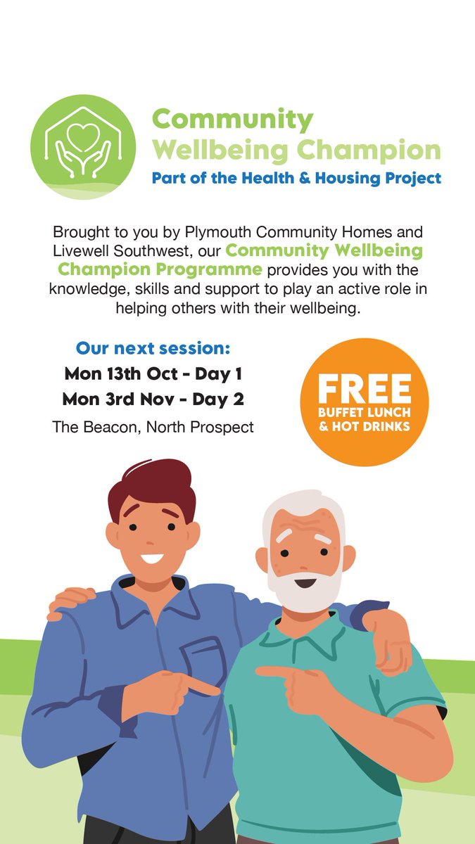 Livewell Workplace Health (Wellbeing at Work) (@wellbeing_work) on Twitter photo 🚨 FREE Two-Day Wellbeing Champion Training!
📍 The Beacon, North Prospect
🗓️ Mon 13 Oct & Mon 3 Nov
✅ Gain a qualification
✅ Connect with other champions
✅ Learn to support your community’s wellbeing
<a href="/PHPlymouth/">Public Health Plymouth</a> <a href="/oneyouplymouth/">One You Plymouth</a> <a href="/plymouthcc/">Plymouth City Council</a> 🚨 FREE Two-Day Wellbeing Champion Training!
📍 The Beacon, North Prospect
🗓️ Mon 13 Oct & Mon 3 Nov
✅ Gain a qualification
✅ Connect with other champions
✅ Learn to support your community’s wellbeing
<a href="/PHPlymouth/">Public Health Plymouth</a> <a href="/oneyouplymouth/">One You Plymouth</a> <a href="/plymouthcc/">Plymouth City Council</a>