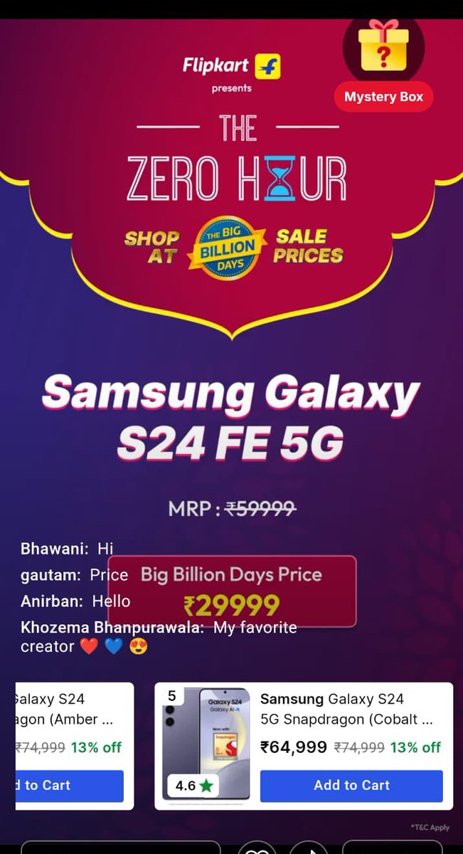 Samsung Galaxy S24, Galaxy S24 FE Flipkart Big Billion Days offer price.