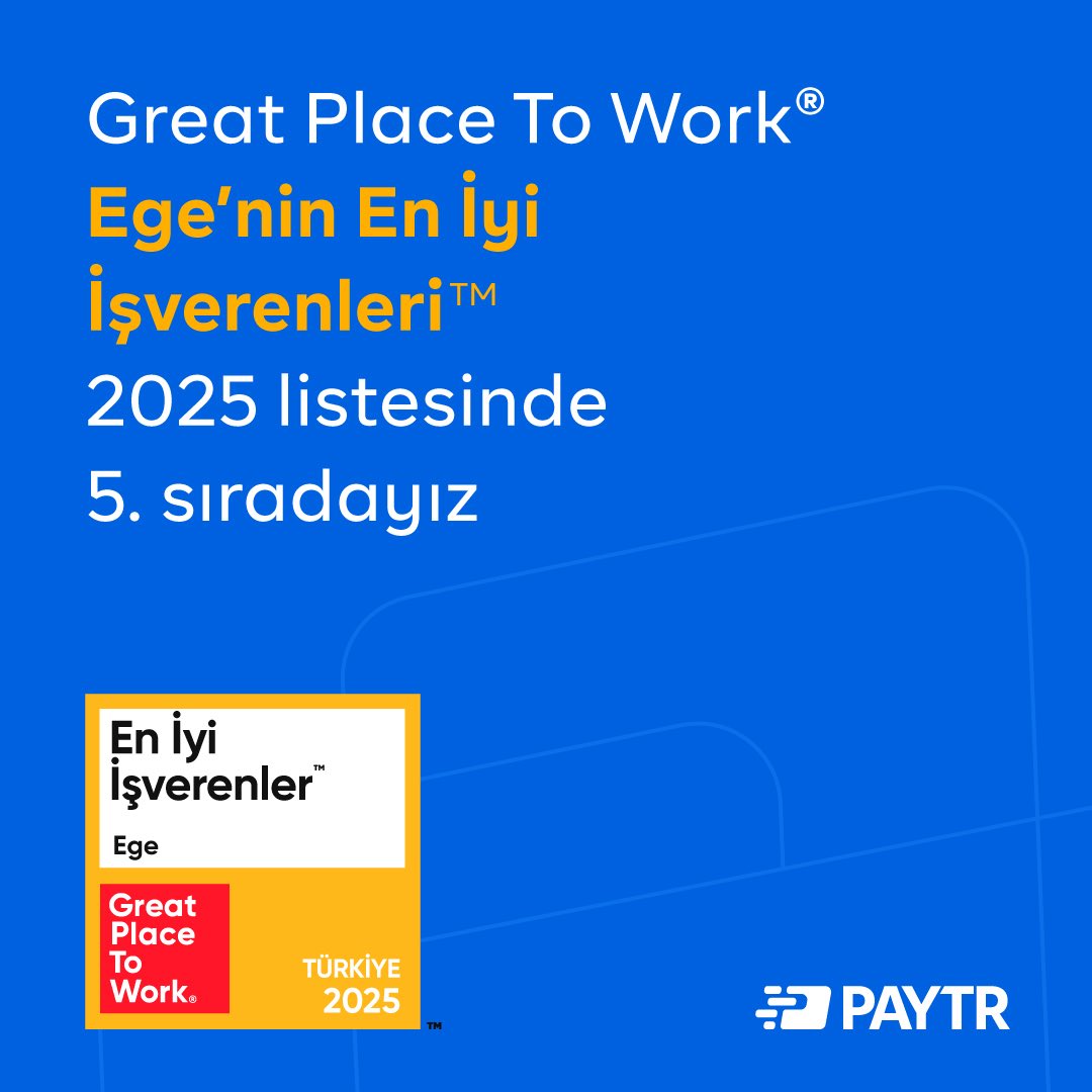 Kuruluş hikâyemizin başladığı İzmir’den yeni bir başarıyı duyurmaktan mutluluk duyuyoruz.

Great Place to Work® Türkiye tarafından yapılan değerlendirmeler sonucunda, “Ege’nin En İyi İşverenleri™ 2025” listesinde 5. sırada yer aldık.
Bu süreçte katkılarıyla PayTR’ın çalışma