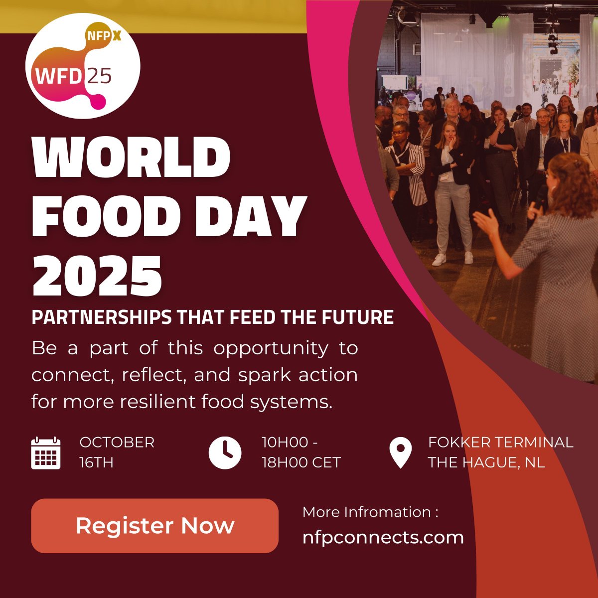 NFP World Food Day 2025 is less than one month away! Join us in the Hague on October 16th.
Under the banner "Partnerships That Feed the Future," we're inviting food system actors from across sectors and regions to connect, reflect, and act—together. lyyti.fi/reg/WorldFoodD…