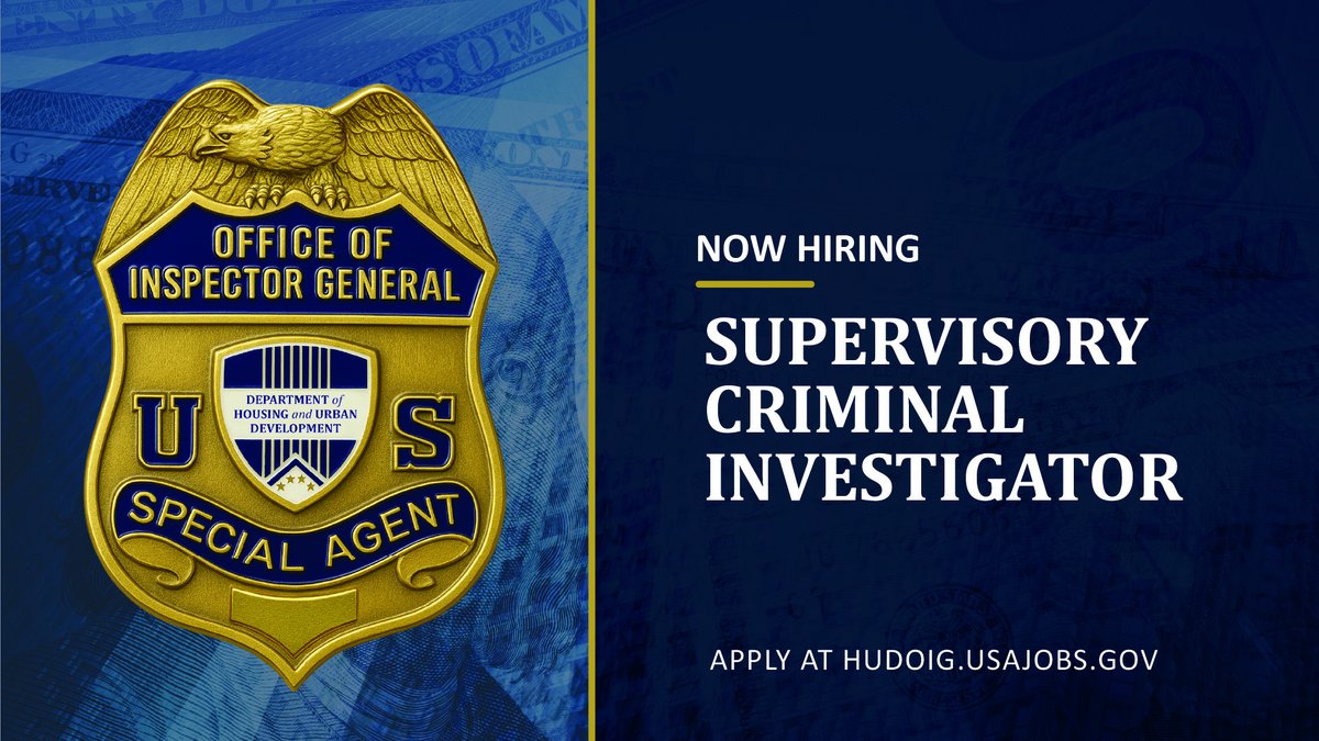 Are you looking to help lead a premier team of law enforcement professionals? HUD OIG is hiring!

Position: Supervisory Criminal Investigator (Special Agent-in-Charge)
Location: Negotiable after selection
Apply here ASAP: usajobs.gov/job/845821400