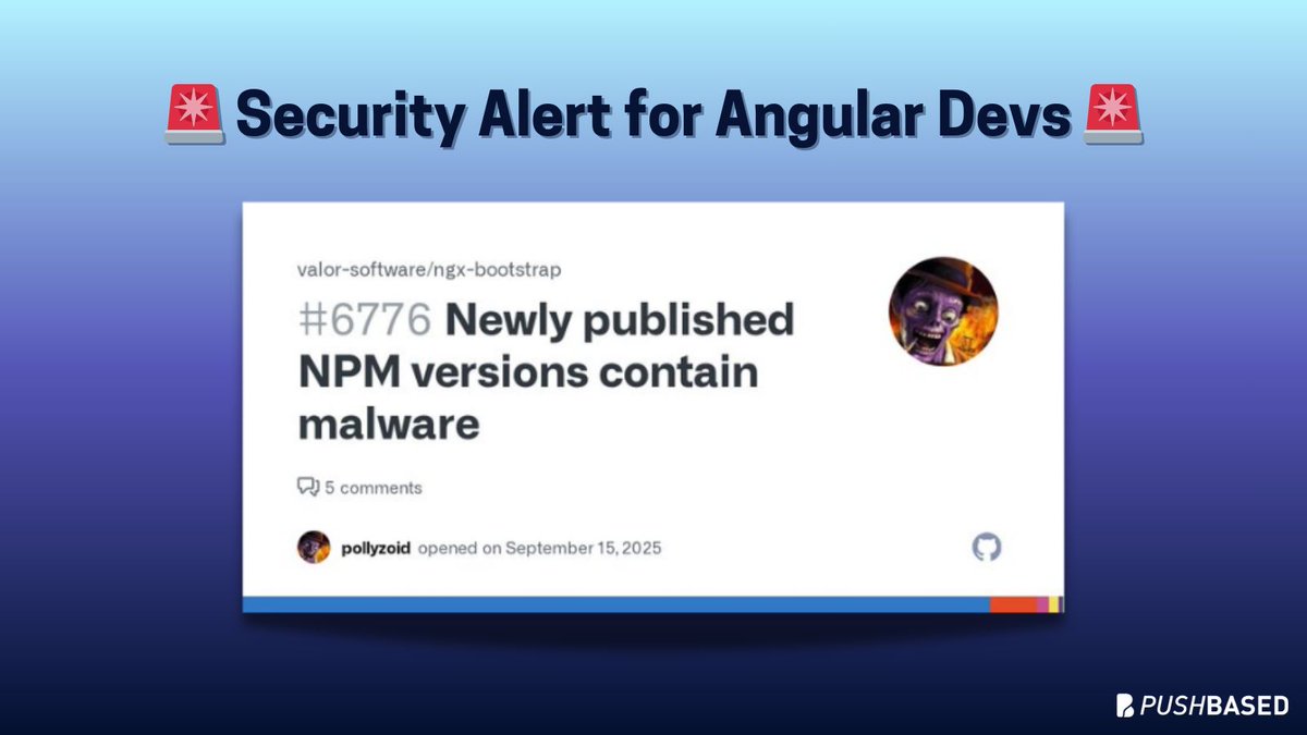 PushBased's tweet photo. 🚨 Security Alert for Angular Devs 🚨

If you’ve been using ngx-bootstrap or ng2-file-upload, check your versions immediately. Affected releases may have exposed sensitive data — you should rotate your keys and passwords right away.

🔒 Affected versions:
- ngx-bootstrap: 18.1.4, 19.0.3–19.0.4, 20.0.3–20.0.6
- ng2-file-upload: 7.0.2–7.0.3, 8.0.1–8.0.3, 9.0.1

More info:
👉 https://t.co/YahvBAztX7
👉 https://t.co/0JvcjlIIcy
👉 https://t.co/yuI6WuJ0sY