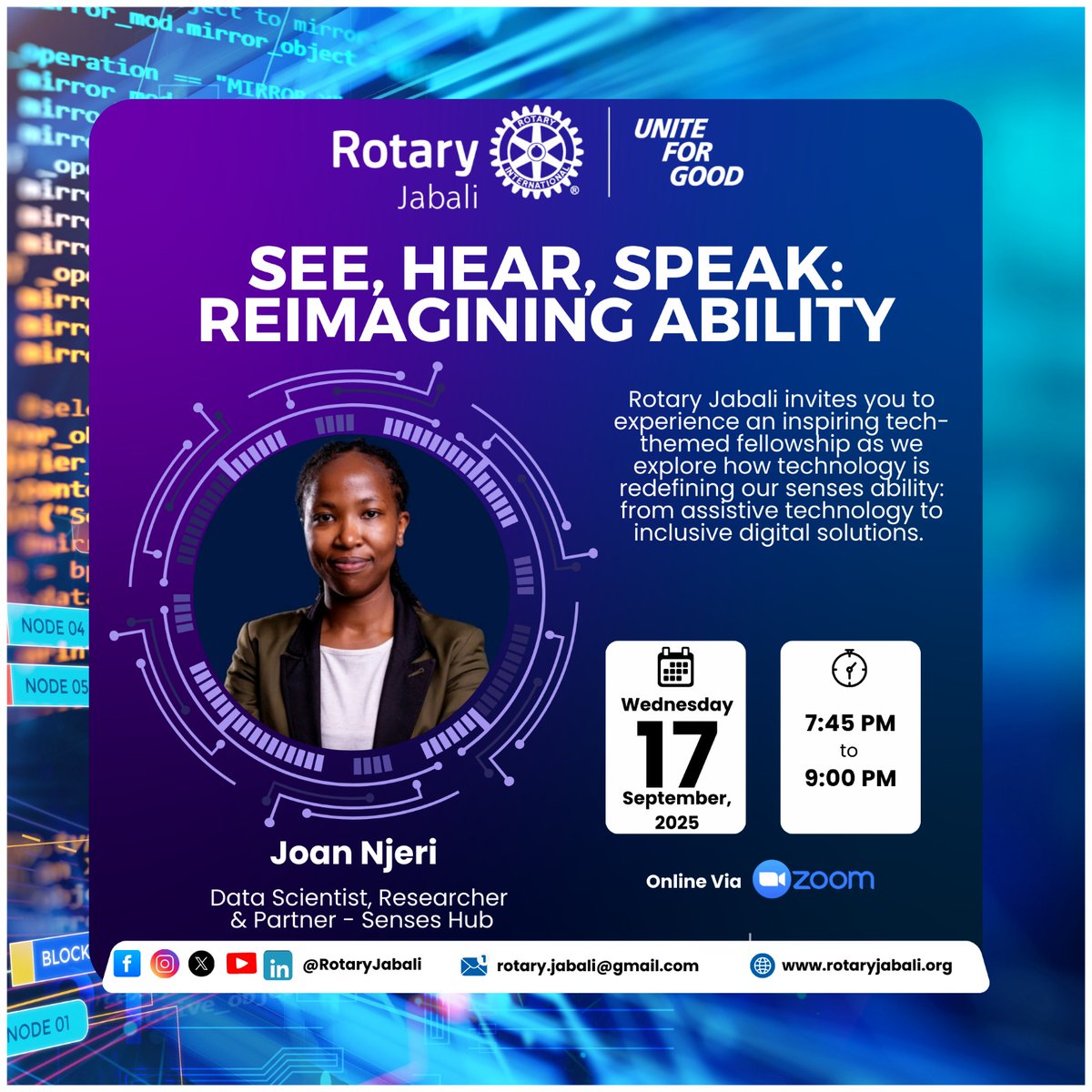 RotaryJabali's tweet photo. Rotary Jabali invites you to an inspiring tech-themed fellowship: SEE, HEAR, SPEAK: Reimagining Ability.

Meeting ID: 890 2038 8876
Passcode: Jabali 

Don’t miss this session on innovation, inclusion, and impact! 

#RotaryJabali #Rotary #ServiceAboveSelf #UniteForGood https://t.co/BIhRtizpMm