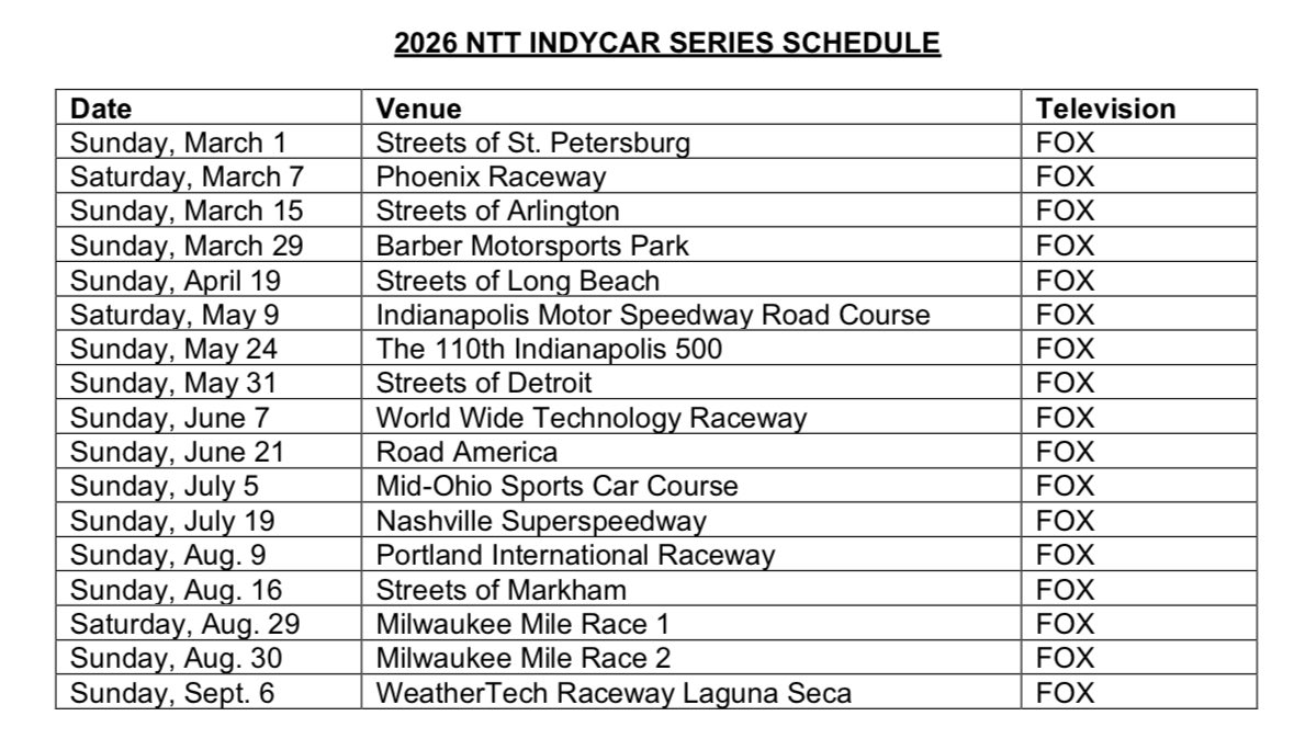 IndyCar 2026 schedule