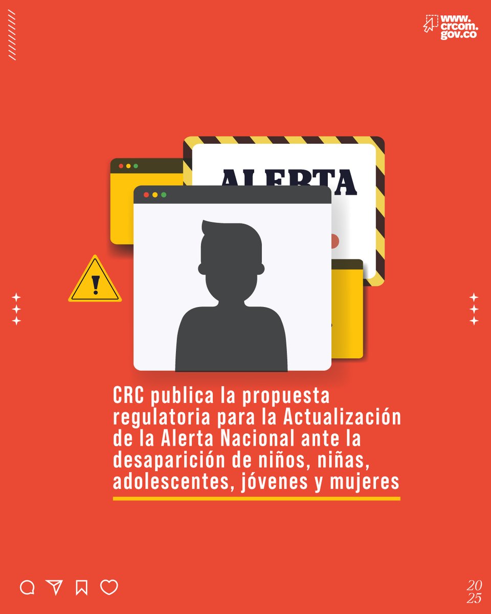 CRC Colombia (@crccol) on Twitter photo 📢 Consulta la propuesta regulatoria de la CRC para fortalecer la Alerta Nacional y la Alerta Rosa ante desapariciones de niños, niñas, adolescentes, jóvenes y mujeres.
🗓️ Envía tus comentarios hasta el 29/09/2025 a ✉️ alertarosa@crcom.gov.co
👉Detalles: crcom.gov.co/es/noticias/pr… 📢 Consulta la propuesta regulatoria de la CRC para fortalecer la Alerta Nacional y la Alerta Rosa ante desapariciones de niños, niñas, adolescentes, jóvenes y mujeres.
🗓️ Envía tus comentarios hasta el 29/09/2025 a ✉️ alertarosa@crcom.gov.co
👉Detalles: crcom.gov.co/es/noticias/pr…
