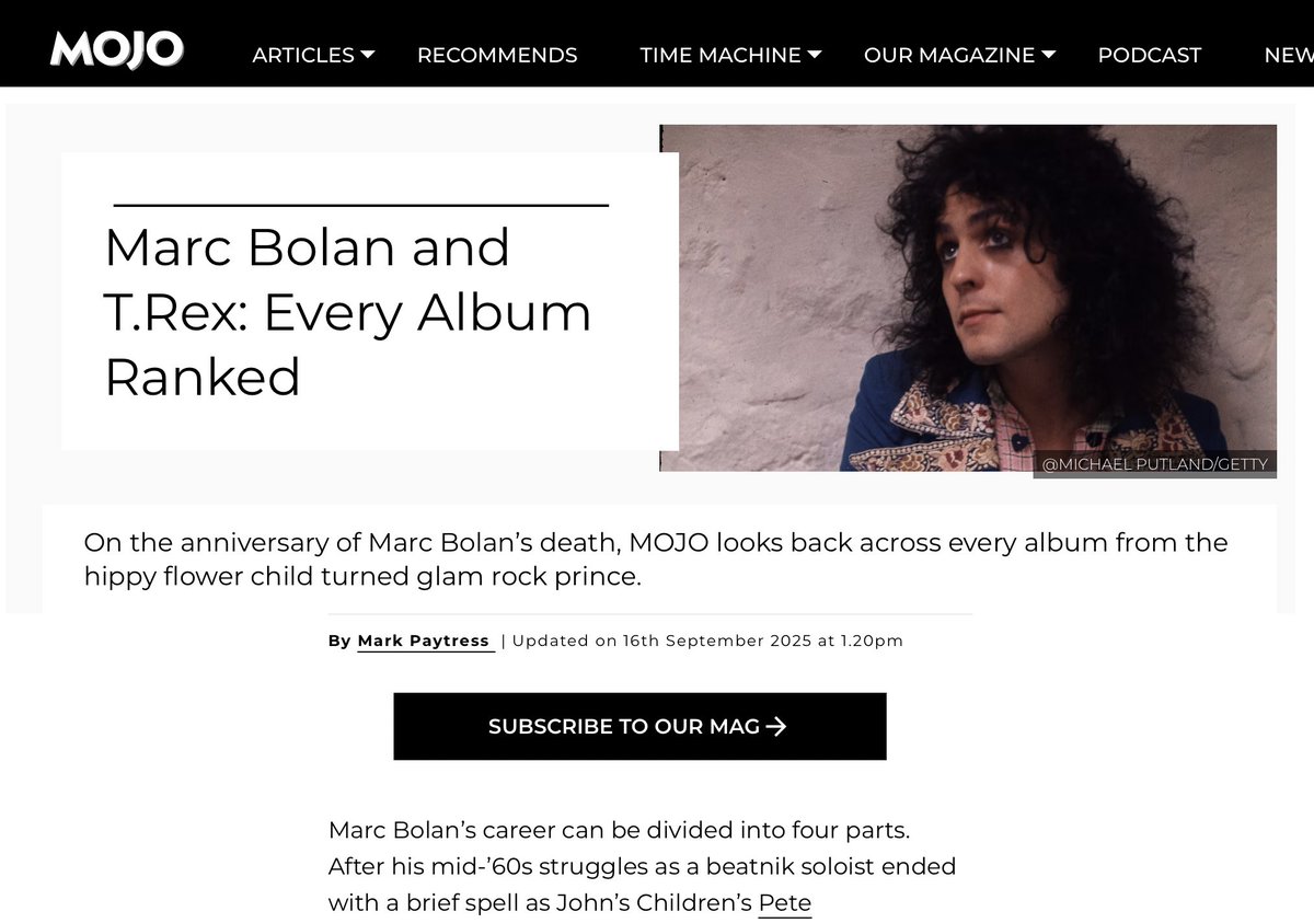 For reasons I won’t go into, it’s been months since I’ve listened to Marc Bolan/T. Rex. But I spent much of y’day in the company of a few Rex albums to flesh out my buyers’ guide for <a href="/MOJOmagazine/">MOJO Magazine</a> It was a magnificently fresh &amp; timely reunion. Much missed

mojo4music.com/articles/the-m…