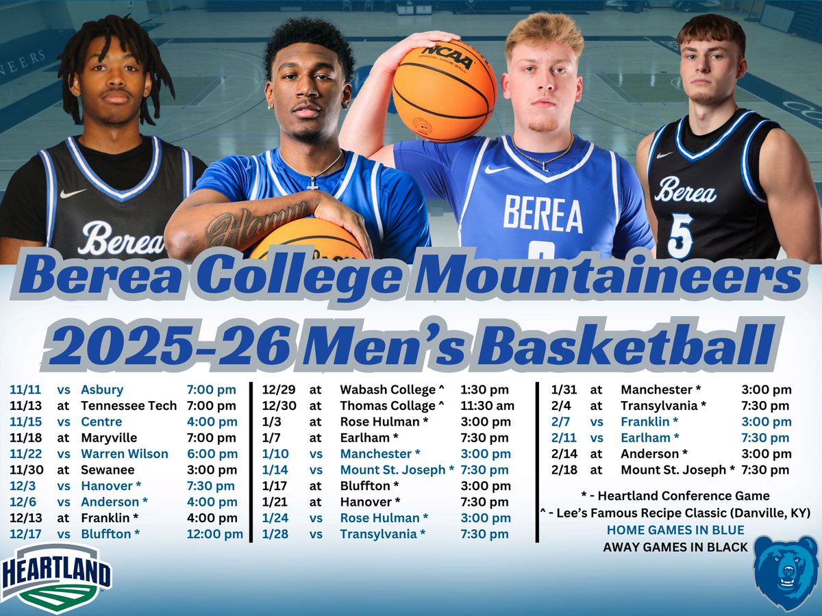 It’s about that time ⏰🔥

Check out the 2025–26 Berea College Men’s Basketball Schedule!

🆚 D1 Exhibition at Tenn Tech 11/13
👑 Homecoming Game 11/22
🧑‍🎄 “Blue Christmas” Game 12/17
🏀 18 Games in the @hcacdiii 

Home games in blue, away games in black — come check us out!