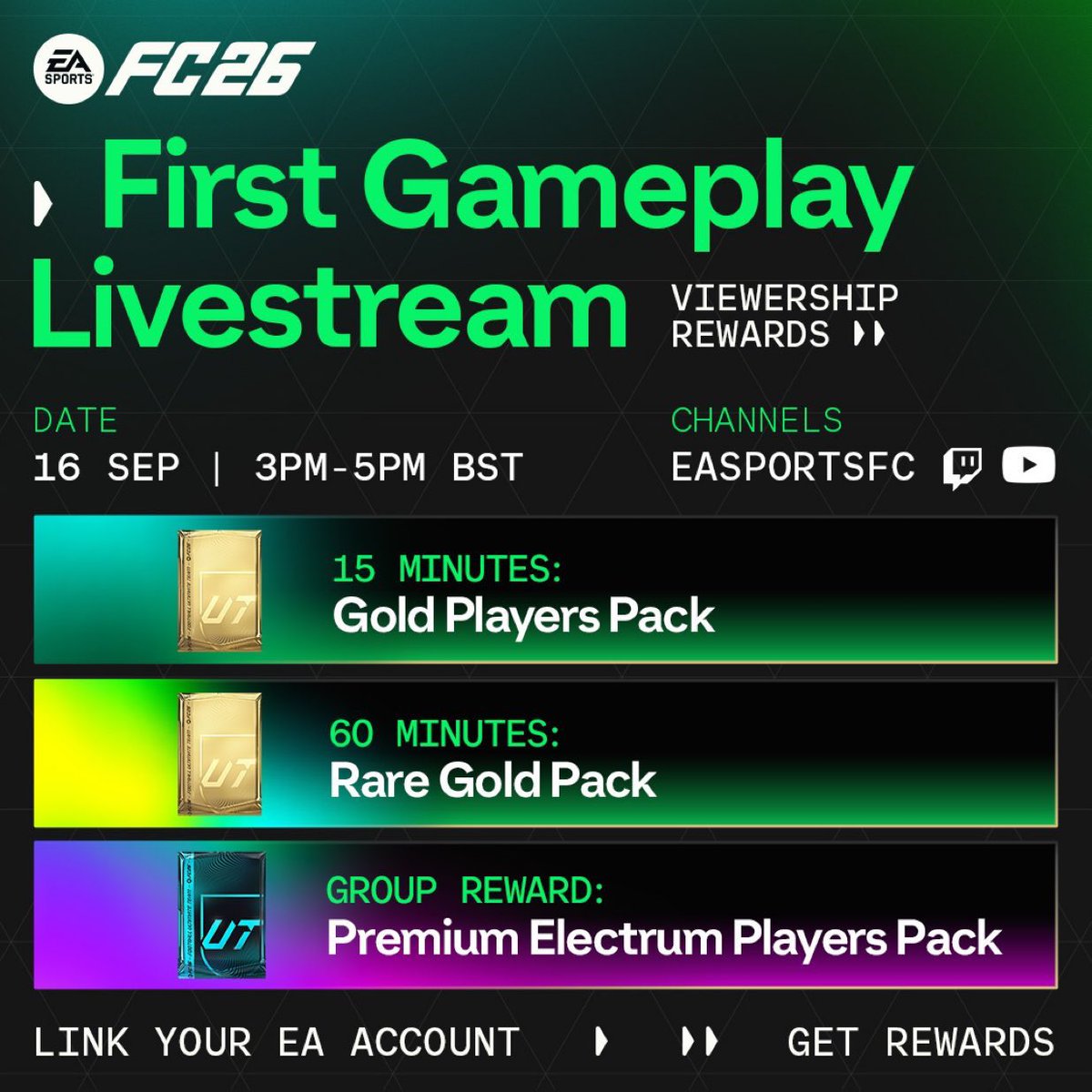 🚨|| دقايق ويبدأ بث البكجات المجانية في FC26 

• لازم تتابع ساعة عشان تجيك كل البكجات ⏰ 

• رابط البث على تويتش :- twitch.tv/easportsfc/sch…

• رابط البث على اليوتيوب :- youtube.com/live/3fZumiKp5…

في المقتبسة شرح طريقة ربط الحساب :-