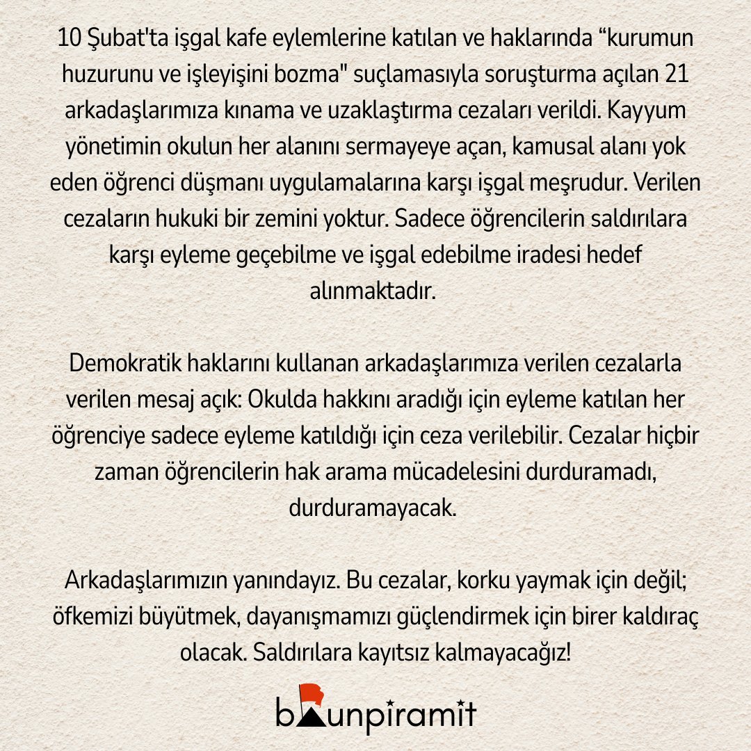İşgal kafe eylemlerine katılan arkadaşlarımıza disiplin cezası verildi. Arkadaşlarımızın yanındayız.

Kayyum yönetimin okulun her alanını sermayeye açan, kamusal alanı yok eden öğrenci düşmanı uygulamalarına karşı işgal meşrudur. Verilen cezaların hukuki bir zemini yoktur.