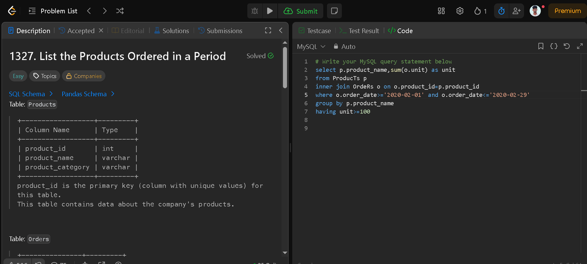 DilipKumar2410's tweet image. Solved today in SQL: List the Products Ordered in a Period

Every query executed is a step closer to cleaner data and stronger logic.                                     

#SQL #Database #100DaysOfSQL #DataSkills #LeetCode