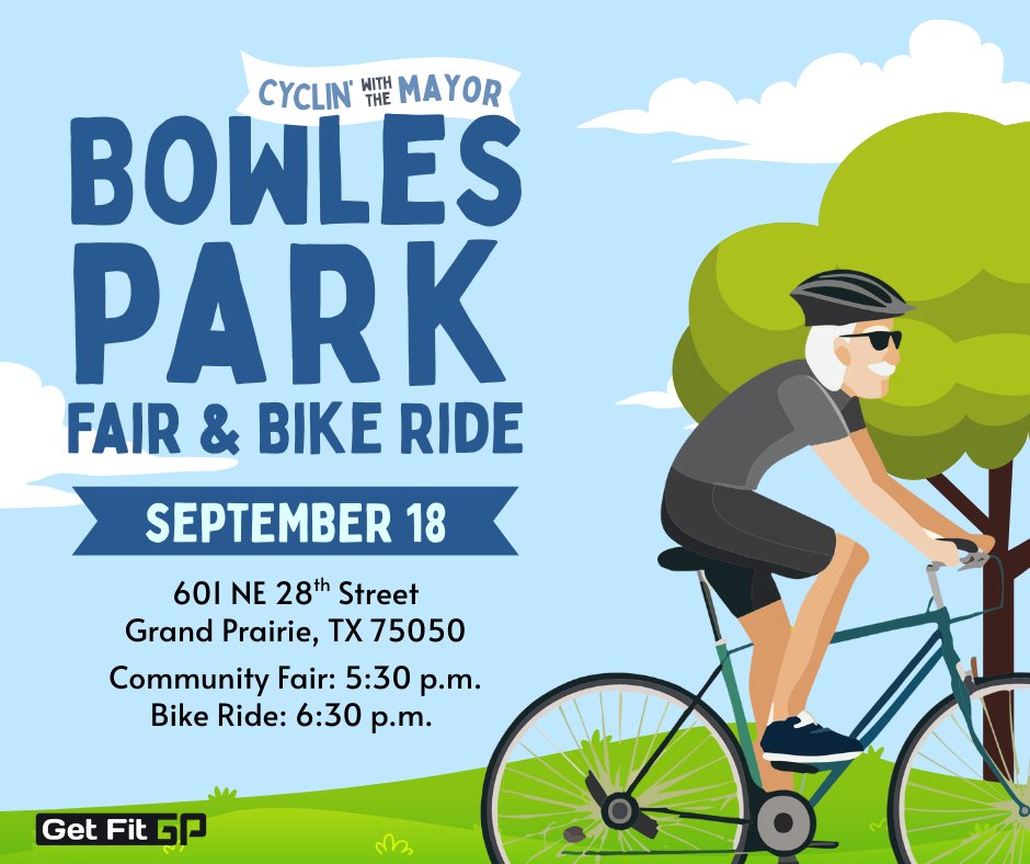 gp_tx's tweet photo. Gear up to enjoy an afternoon with Mayor Ron Jensen at Bowles Park! Bring your friends and family to play free games and eat delicious hot dogs. #GetFitGP
FREE Event
📅 Thursday, September 18
📍 Bowles Park | 601 NE 28th Street
🕓 Community Fair: 5:30 p.m. | Bike Ride: 6:30 p.m. https://t.co/6zFfmDreSP