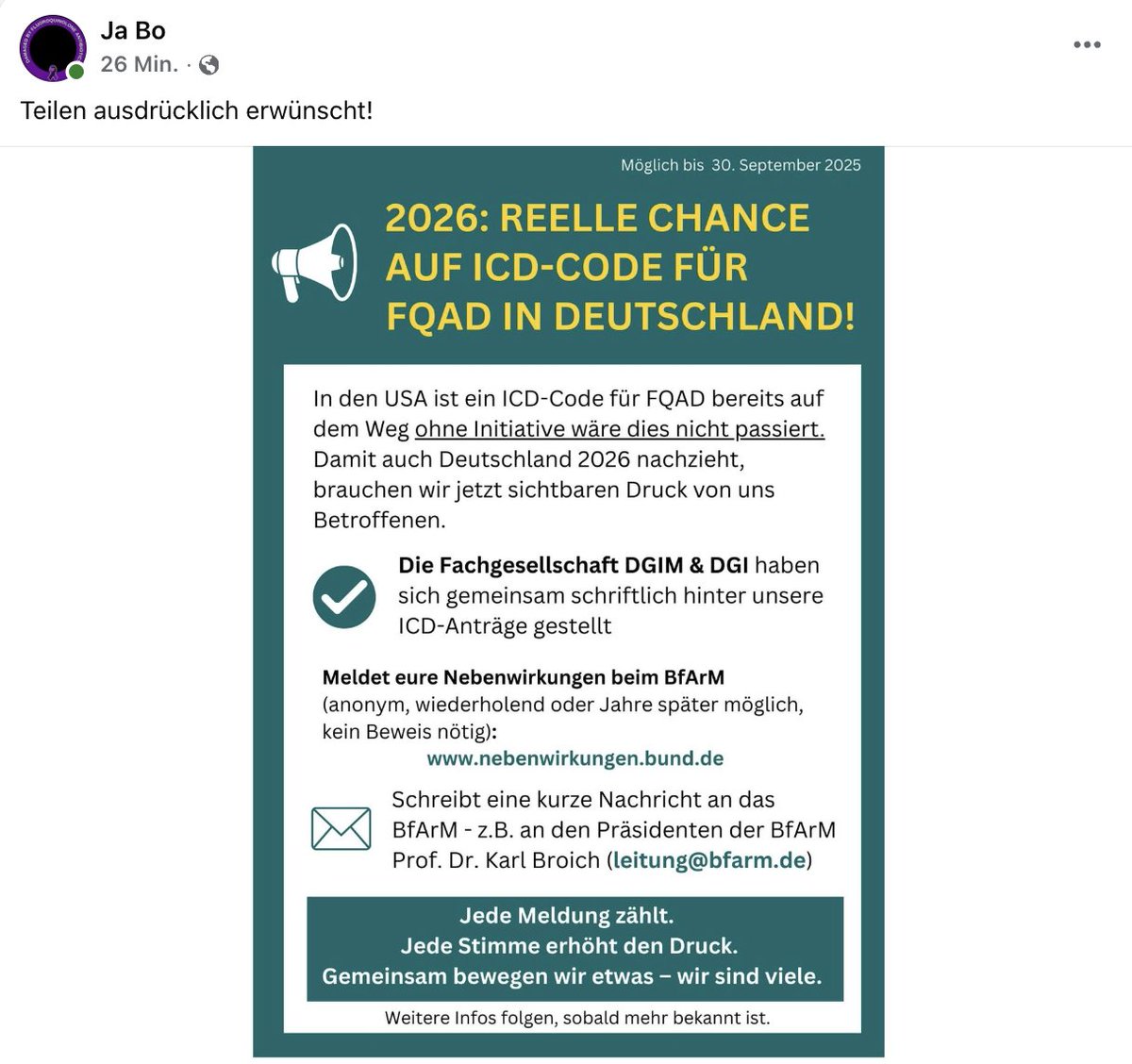 Nicht aufgeben, liebe Leute. Dank der Initiative einer Arbeitsgruppe #FQAD sind 'wir' so nah wie noch nie zuvor an einem ICD Code für #FQAD = Fluoroquinolone Associated Disability, Vergiftung durch #Fluorchinolone. 

Die Fachgesellschaften DGIM (Fachgesellschaft für Innere