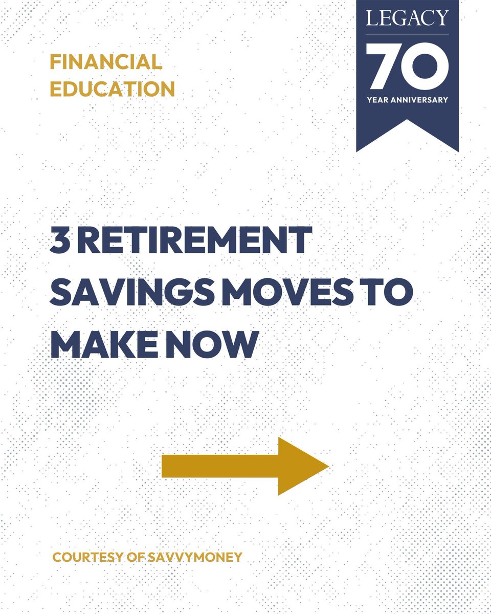 LegacyCU's tweet image. Planning for retirement can seem daunting, but you&apos;ll thank yourself later for getting an early start. Check out three retirement savings moves you need to be making now. 

Courtesy of SavvyMoney