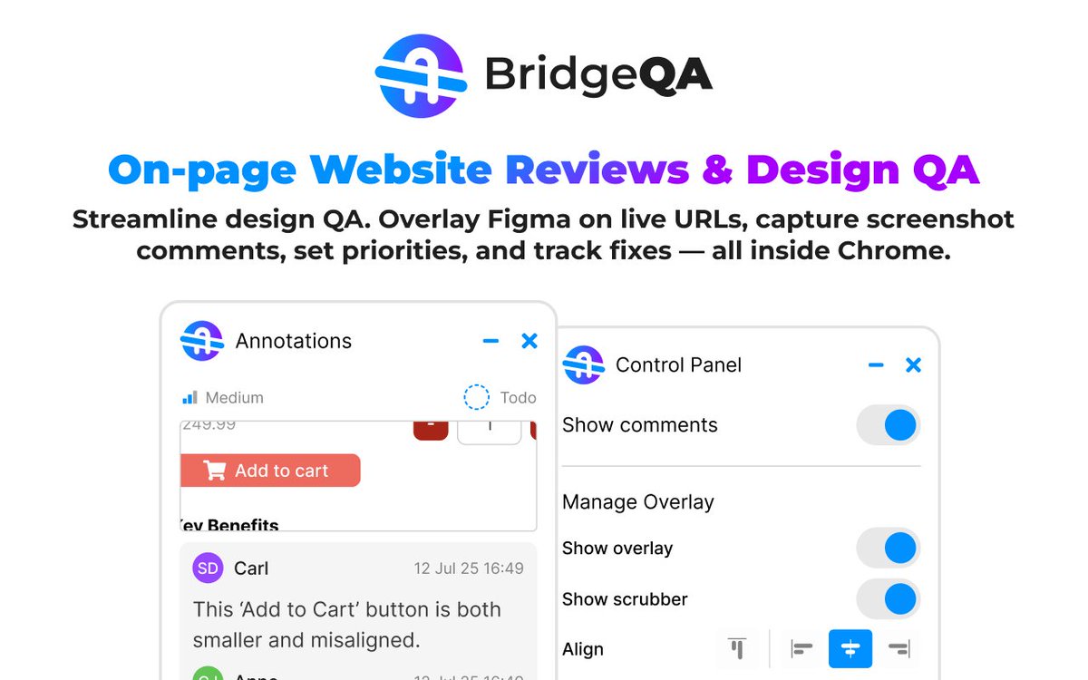 martidsign's tweet photo. I'm excited to share that @BridgeQA is finally LIVE!
I started building BridgeQA few months ago with my partner, when I kept encountering the same problem over and over with every team I was working with: reviewing live builds was a pain. 
Feedback is scattered and lost, and it's hard to keep track of changes. So with BridgeQA you can compare, review and track progress in the browser, on the live page where you work.
Want to give it a try? Early access is ready and you can get all the PRO features for free while we are in Beta.
👉 https://t.co/XwjESG9iR2
