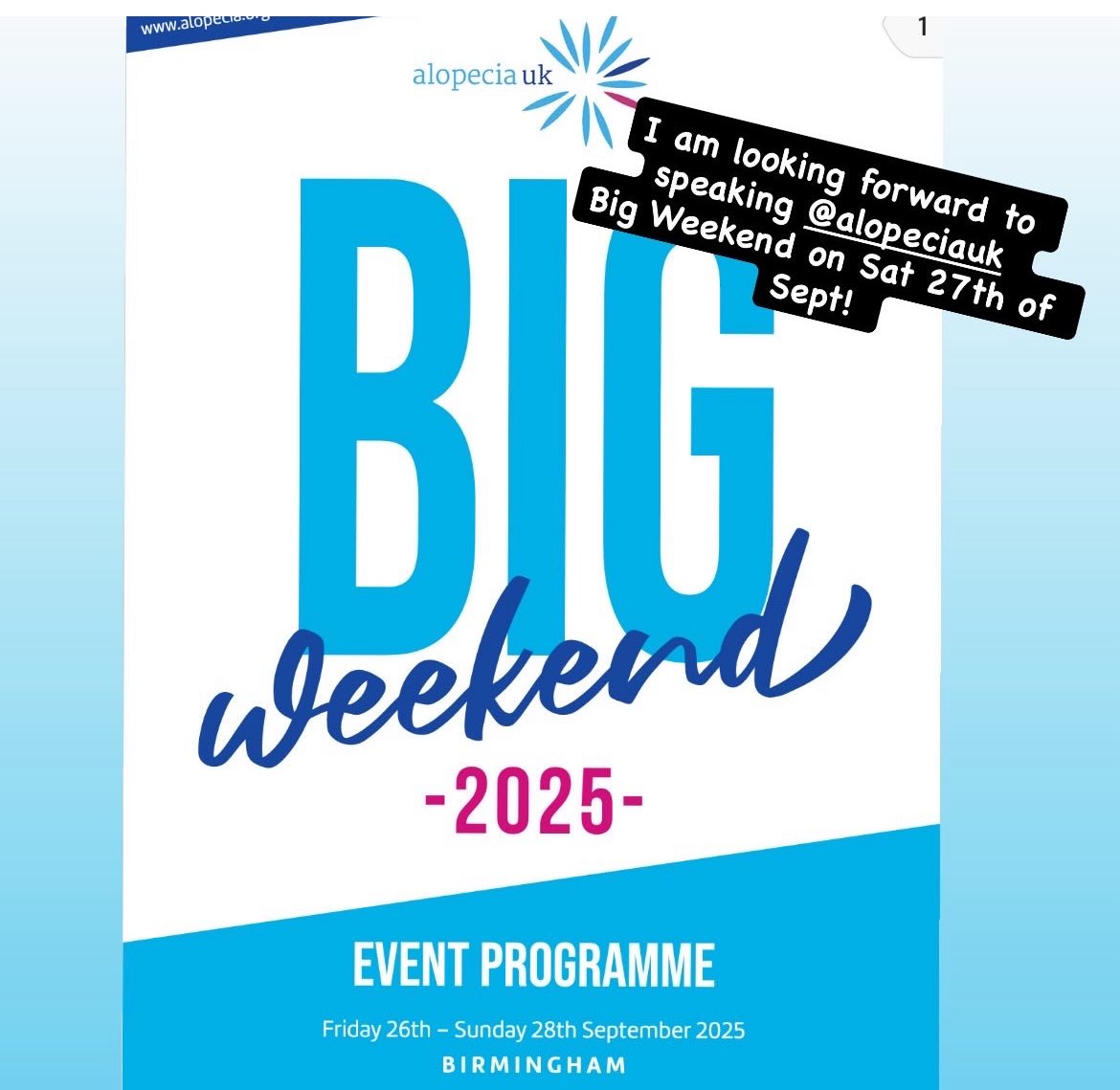 Ashley_Alopecia's tweet photo. I am going to be speaking at @alopeciauk Big Weekend on Sept 27th 2025 on the Psychological impact of Alopecia. Looking forward to seeing you there! #alopecia #alopeciauk #alopeciaukbigweekend #conference #psychologicalimpact #wellbeing #support #thesisresults https://t.co/5QSX3B88n8