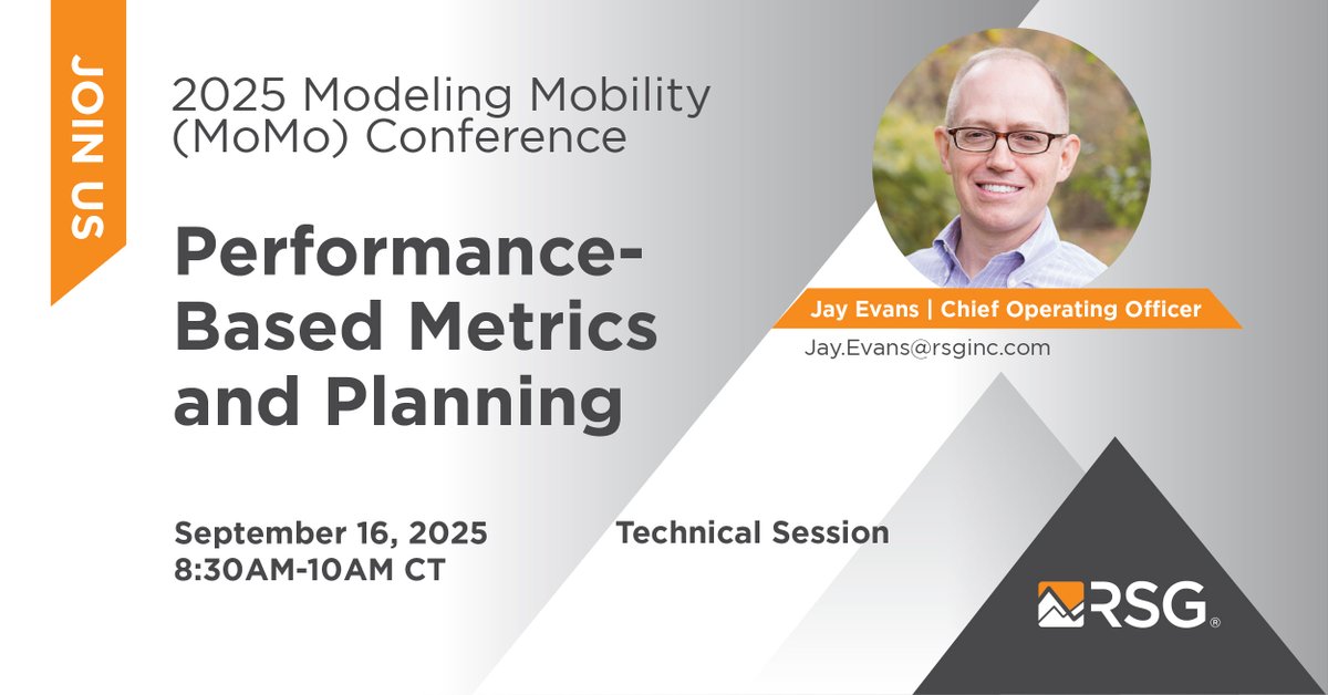 TODAY (9/16) at #MoMo25 in Minneapolis, hosted by @ZephyrFdn! Jay Evans will moderate the Performance-Based Metrics &amp; Planning session.🕒 8:30–10:00 a.m. CT📍 Thomas H. Swain Room #RSGConnects #TransportationModeling