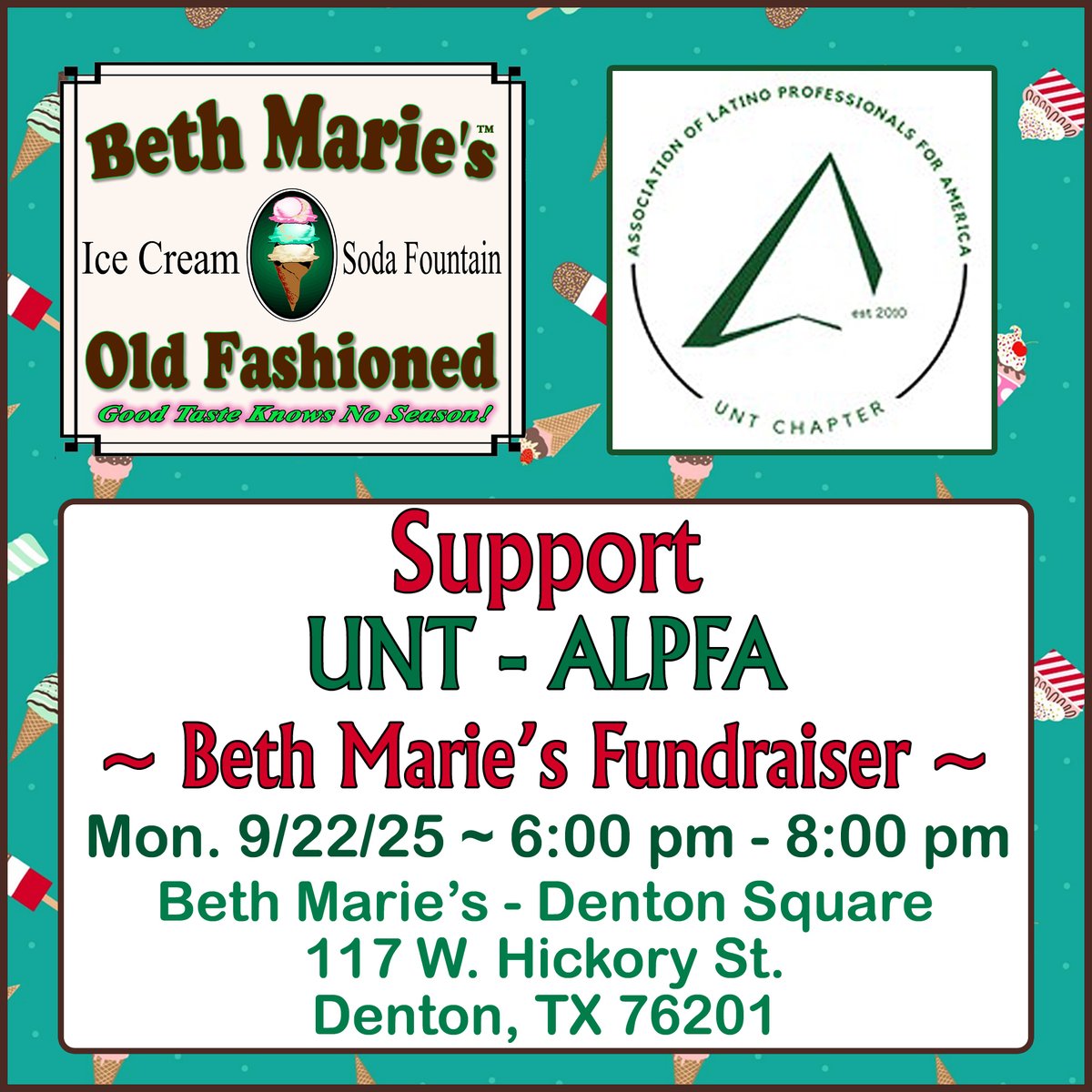 Tonight (09/22/25) we will be holding a fundraiser for The Association of Latino Professionals for America! They will be at our Denton Square Location from 6 pm - 8 pm. Hope that you stop by and show your love and support!
#bethmaries #fundraiser #icecream #alpfa