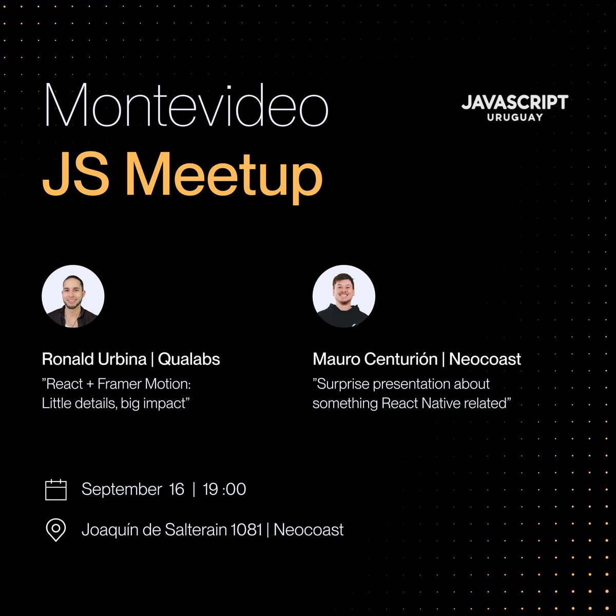 Neocoast (@neocoast_) on Twitter photo We’re hosting the next <a href="/MontevideoJS/">Montevideo JS</a> Meetup today, right at our Neocoast headquarters! Join us for an evening of learning, networking, and community vibes 🔥
Spots filled up fast, but you can join the waitlist here:
meetup.com/uruguayjs/even…
#MontevideoJS #Meetup We’re hosting the next <a href="/MontevideoJS/">Montevideo JS</a> Meetup today, right at our Neocoast headquarters! Join us for an evening of learning, networking, and community vibes 🔥
Spots filled up fast, but you can join the waitlist here:
meetup.com/uruguayjs/even…
#MontevideoJS #Meetup