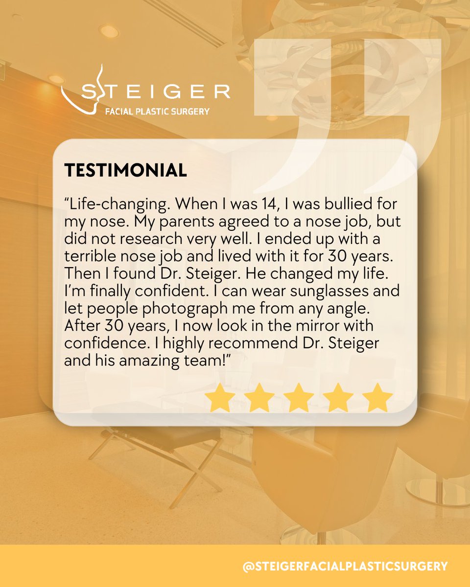 After years of living with a previous nose job, one patient regained confidence with Dr. Steiger’s expert rhinoplasty. ✨ Life-changing results that let you feel comfortable and camera-ready from every angle.

#TestimonialTuesday #AgedWithPerfection