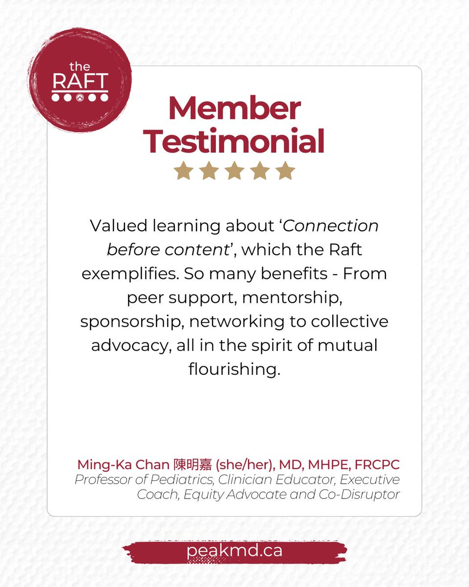 PEAKMD's tweet photo. 🚀#ConnectionBeforeContent is key!  Building genuine relationships leads to stronger support, better opportunities, and  positive change. 🌟 Join #TheRaft, to become a part of a community of women physician leaders. https://t.co/0xitEXVLf7

@MKChan_RCPSC #Community https://t.co/YzrKJbse3V