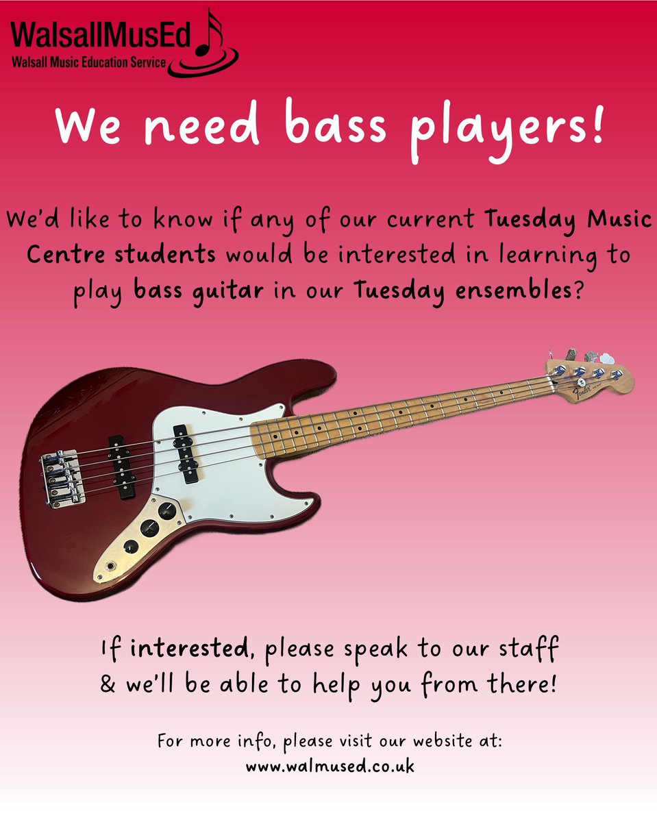 We need bass players!! Do any of our current students fancy learning to play bass in our Tuesday Ensembles? Please get in touch with us if you do! 🎸