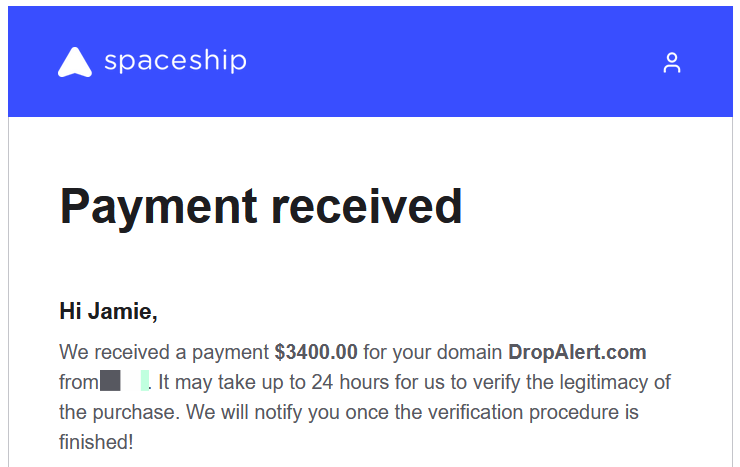 54 days to see my first sale on Spaceship. Considering I only listed 63 domains, that is pretty stellar (10.73% STR).
* Domain was using Spaceship lander
* BIN was $4,888
* Offer available
* 15 Search Views at the time of sale (increased more recently, all at NameCheap)
* Offer