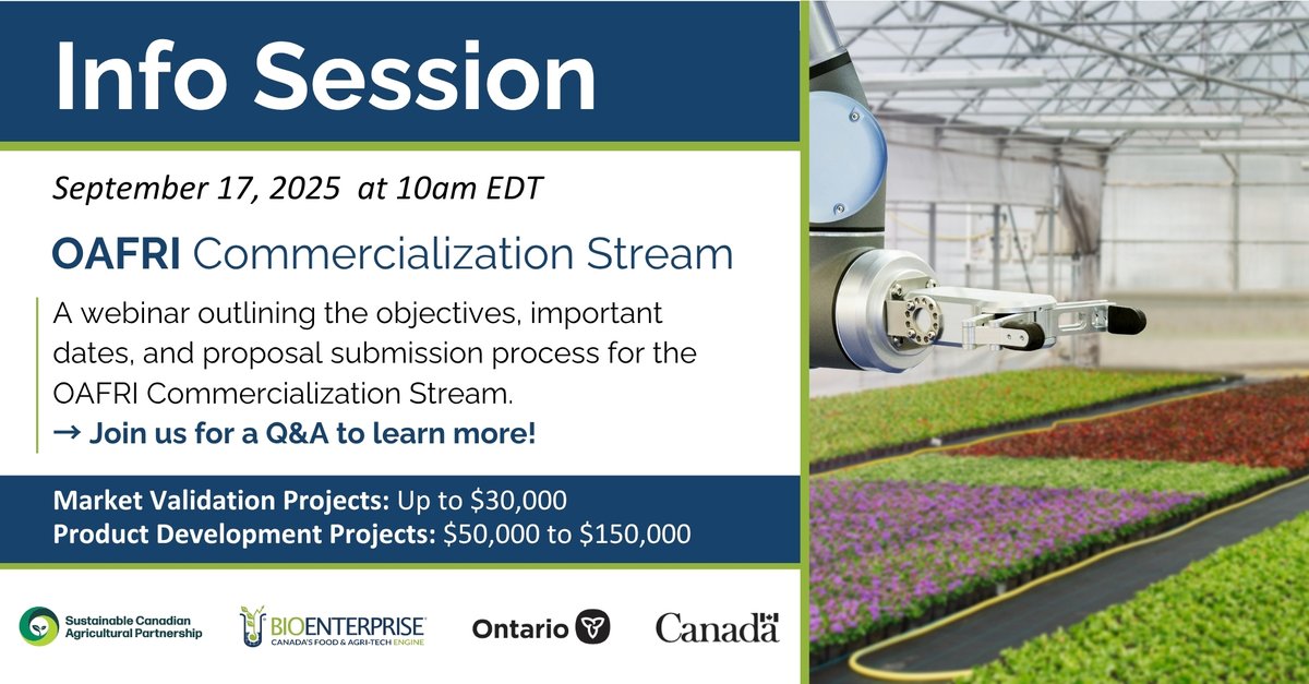 BioenterpriseCA's tweet photo. Join the Virtual Info Session tomorrow to learn about the OAFRI funding. This webinar will outline everything you need to know about the Initiative and include a Q&A session with program administrators. Sign up ➡️ https://t.co/H71sKXmjea
#SustainableCdnAg #AgCanDurable https://t.co/xasNkh03pl