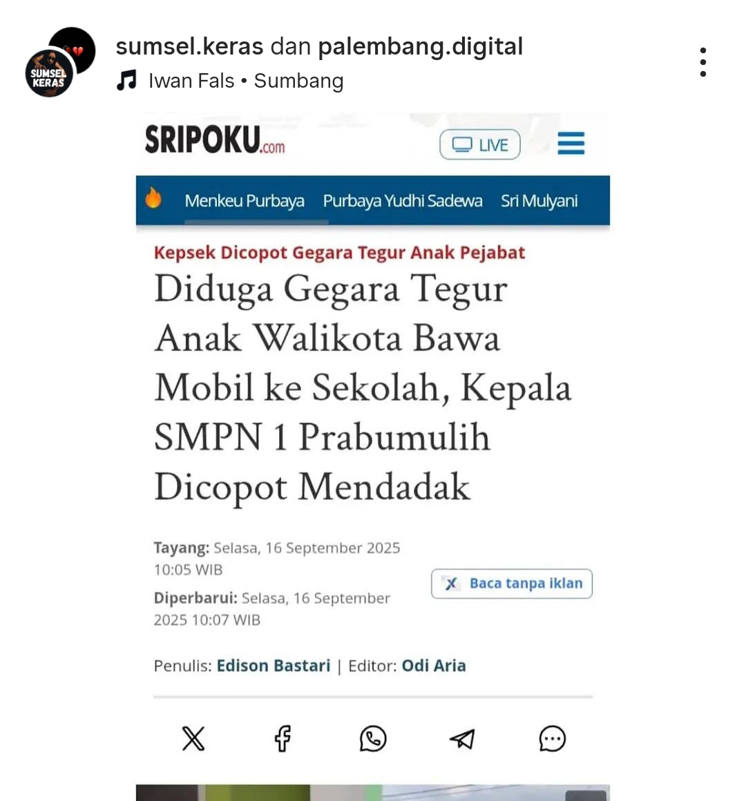 skripsi_selesai's tweet photo. GUYS PLIS BANTU RAMEIN DI SINIII

WALIKOTA PRABUMULIH (SUMSEL) POWER ABUSE!!! 

Kepala sekolah SMPN 1 Prabumulih dan satpamnya dicopot gara2 negur anak wali kota yg masih SMP karena bawa mobil ke sekolah. Udah bener anaknya ditegur karena blm legal age tapi bawa MOBIL ke SEKOLAH. https://t.co/zCeVAx5tBy