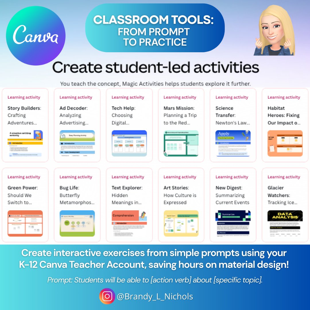 Bnichols112's tweet image. 🚀 New from @CanvaEdu: Magic Activities🪄
Turn your prompts into practice! These ready-to-use activities can be customized for any classroom, helping students analyze, evaluate, and create—while saving you time. 🎨✨
✅ Engaging
✅ Student-led
✅ Easy to use
Spark learning that…