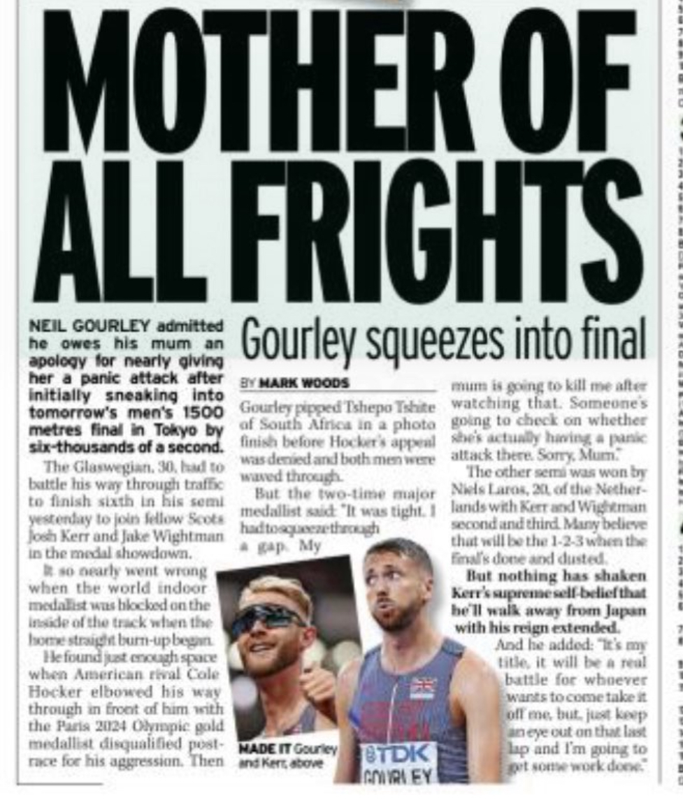 MUM'S THE WORD
#SALtogether
Loved <a href="/Neil_Gourley/">Neil Gourley</a> <a href="/BBCSport/">BBC Sport</a> interview post-semis yesterday as focused <a href="/Record_Sport/">Daily Record Sport</a> <a href="/markbritball/">Mark Woods</a> today #WCHTokyo25 
'It's OK, mum, I am through (to final)'😂
<a href="/gnaac1/">Giffnock North A.C.</a> <a href="/EilidhDoyle/">Eilidh Doyle</a> <a href="/ronniegourley/">Ronnie Gourley</a> <a href="/dmccarthyDR/">David McCarthy</a> <a href="/KayMcCarthy10/">Kay McCarthy</a> <a href="/euancrumley/">Euan Crumley</a> <a href="/OvensDavid/">David Ovens</a>