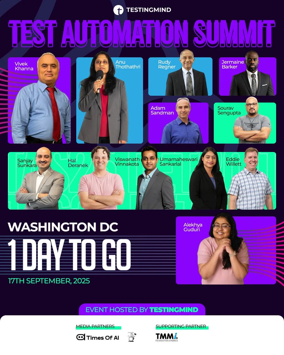 testingmindcon's tweet image. Tomorrow’s the day! 🎉
Join us in Washington DC for the Test Automation Summit (Sept 17).

Hear from leaders at: IBM, Cognizant, Guidehouse, Inflectra, Capgemini, Slalom, PwC, Capital One, Glassdoor &amp;amp; more!

🎟️ Last chance to register: linkedin.com/smart-links/AQ…
#Testingmind #AI