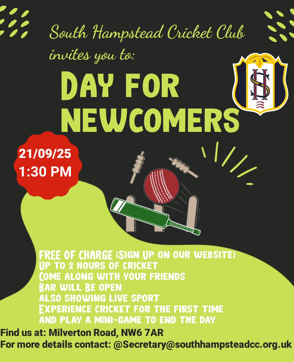 SHCC are delighted to announce a day for newcomers to cricket, to be held on Sunday the 21st at 1:30pm.

A day for newcomers to cricket, there will be activities as well as a mini-game to end the day. The event will be up to 2 hours, though it may end up being shorter.