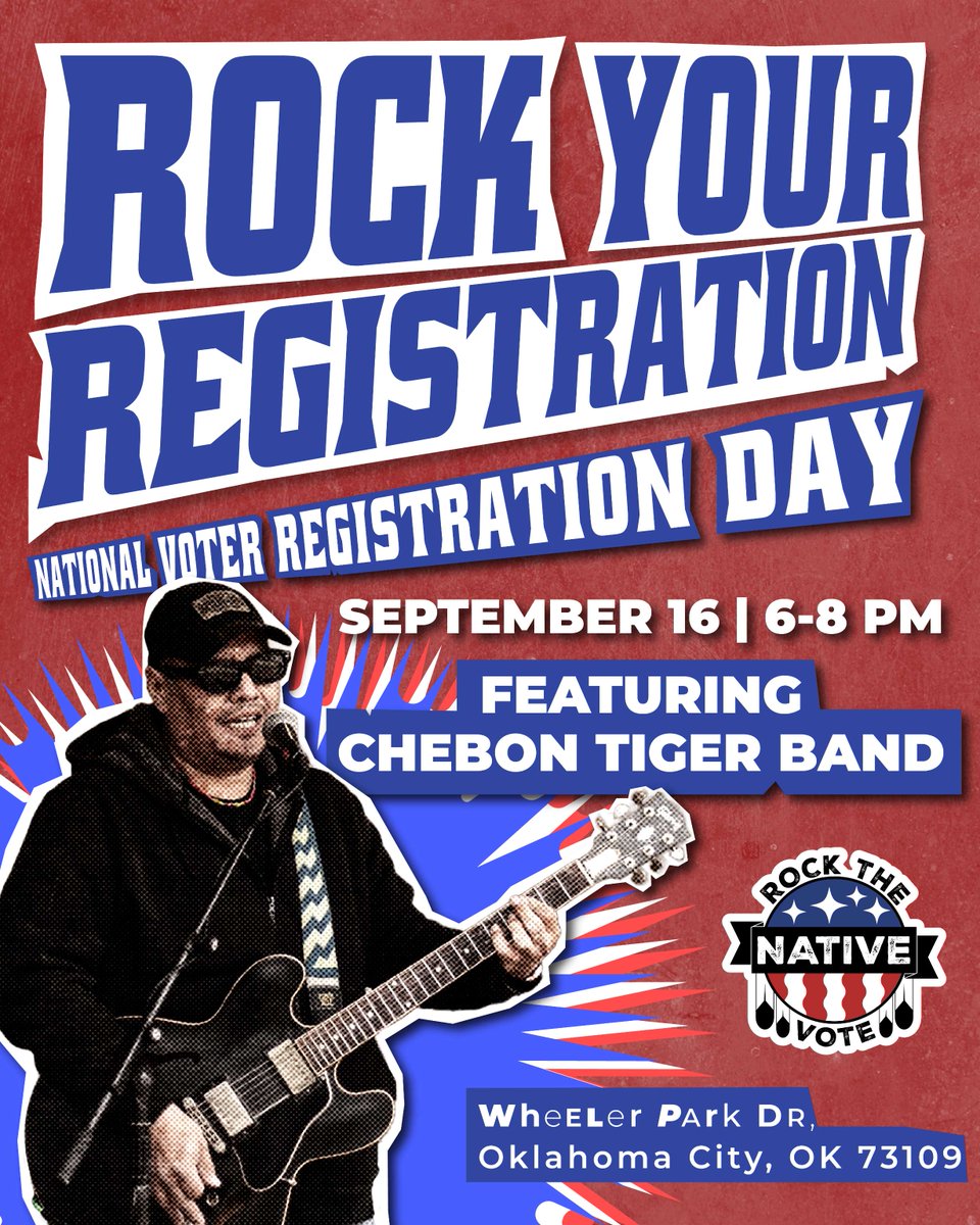 Happy #NationalVoterRegistrationDay! Join our friends at  @rockthenativevoteokc tonight for 🎸Rock Your Registration! at the Wheeler Ferris Wheel in OKC from 6-8pm. 
🎶Enjoy live music, Free t-shirts, Indian tacos, snow cones, Ferris Wheel tickets &amp; more!