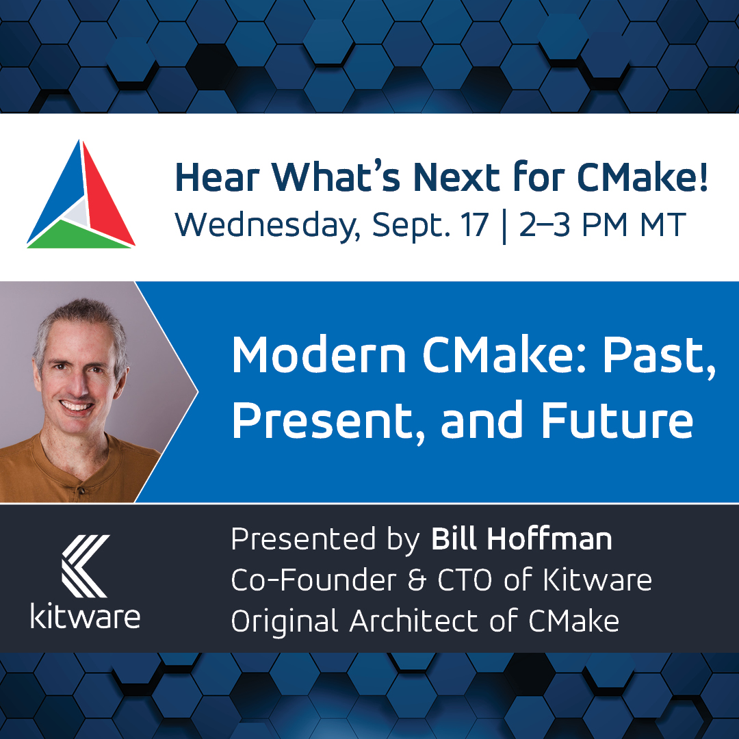 Kitware's tweet image. Don’t miss Bill Hoffman’s talk at #CppCon 2025! Learn about CMake 4.0, its evolution, new features, and what’s next. Have questions? Stop by the Kitware table!